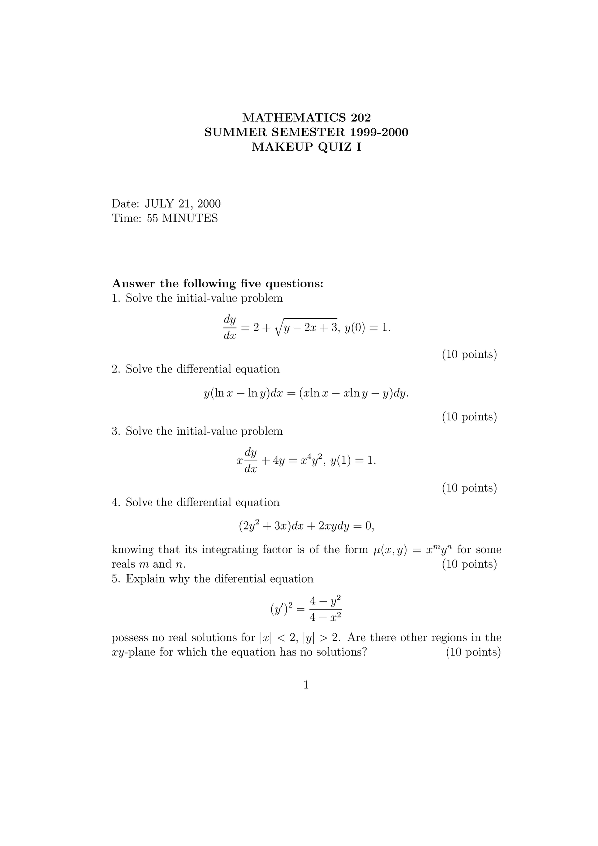 Quiz 1 2020-2021 - MATHEMATICS 202 SUMMER SEMESTER 1999- MAKEUP QUIZ I ...