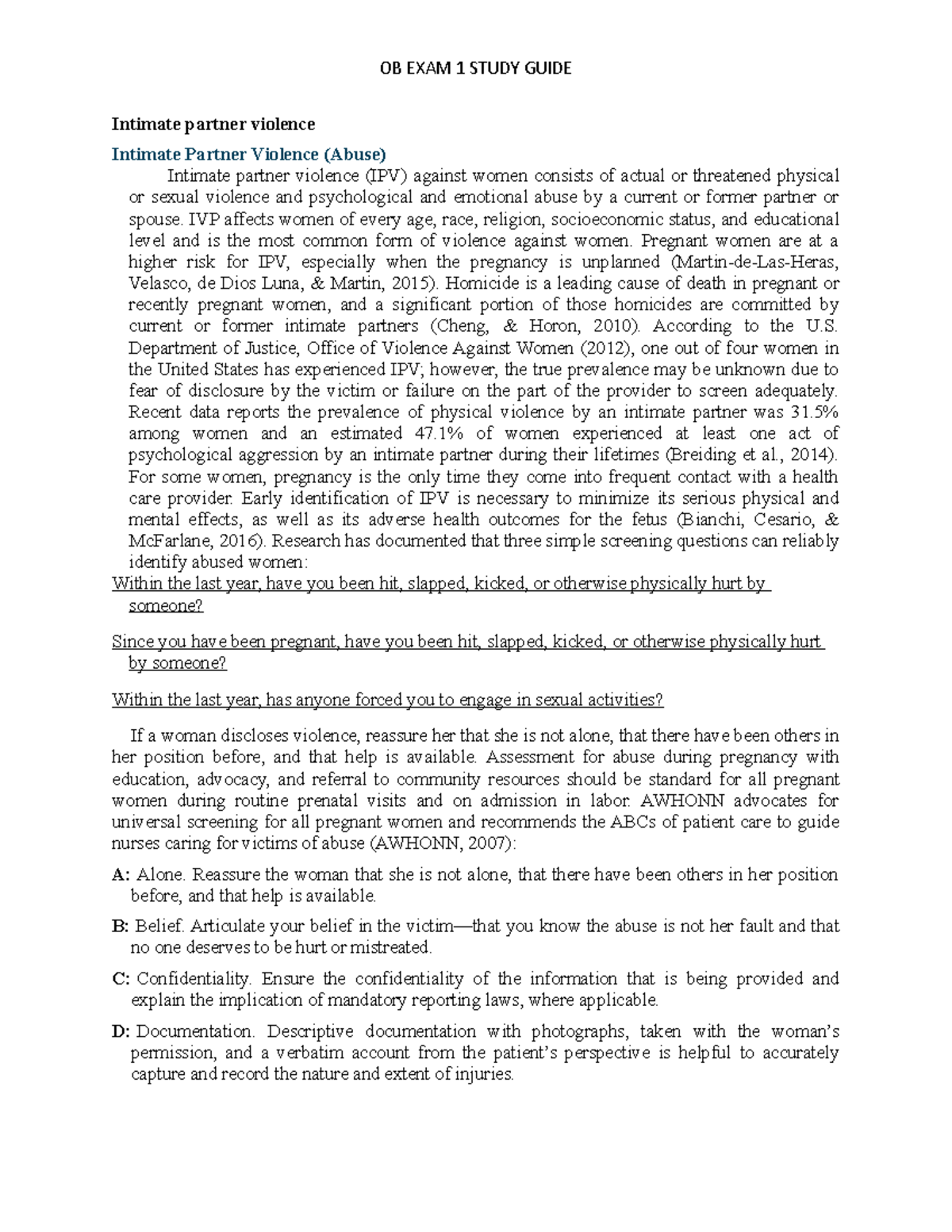 OB Exam 1 Study Guide Complete - Intimate partner violence Intimate ...
