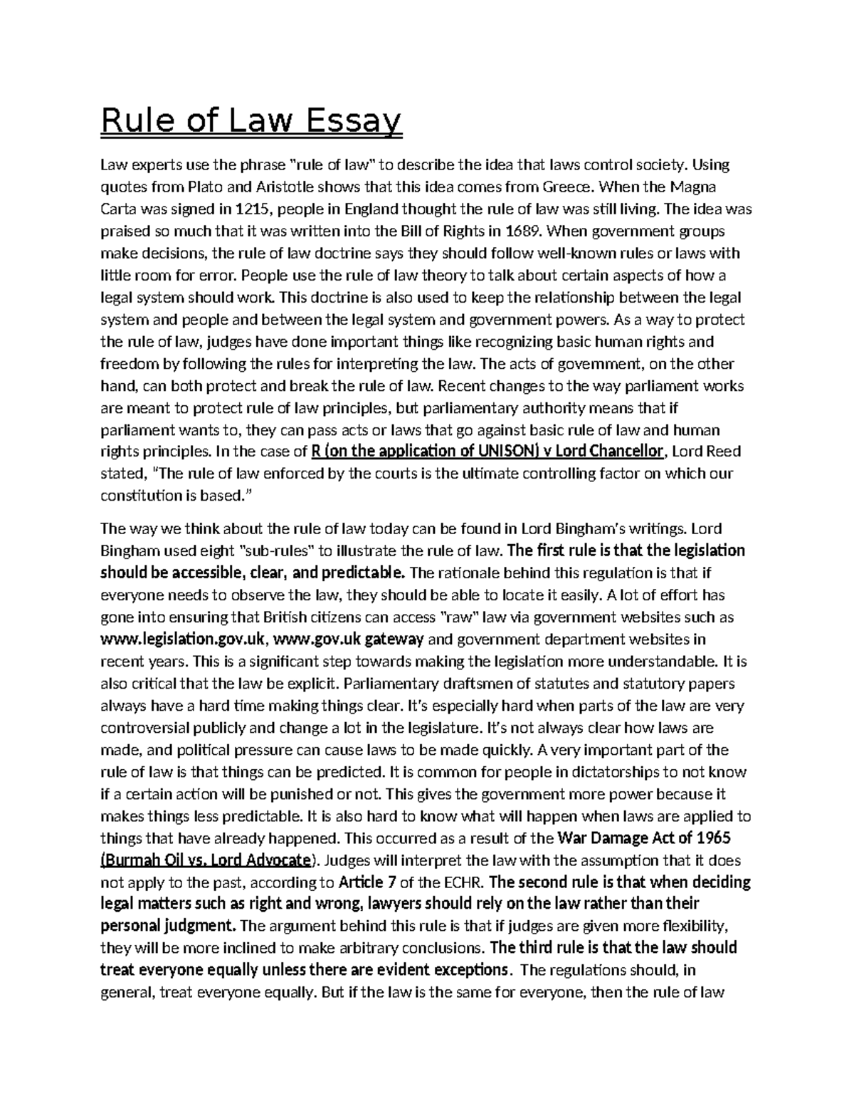 Rule of Law Essay - notes - Rule of Law Essay Law experts use the ...