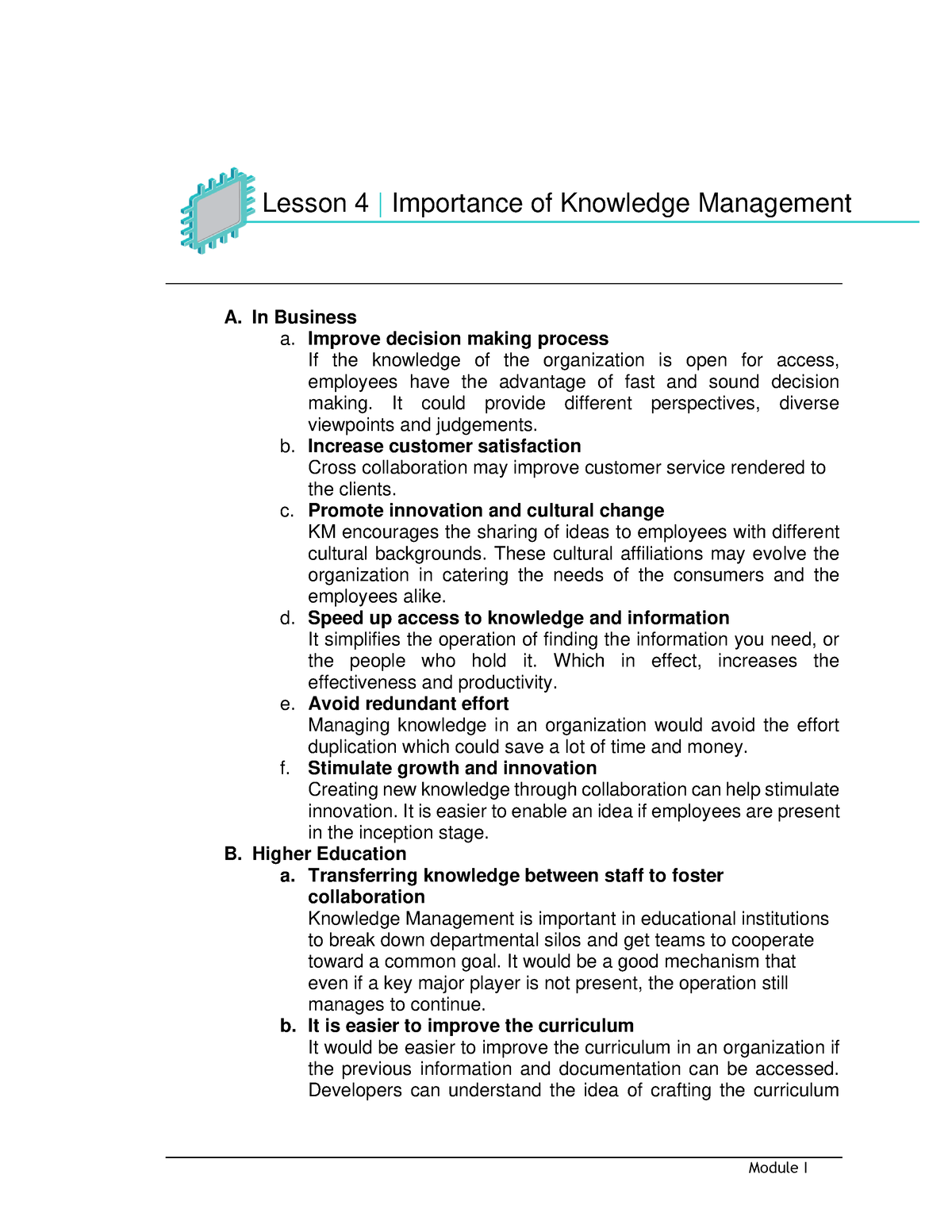 Importance of Knowledge Management - Module I A. In Business a. Improve ...