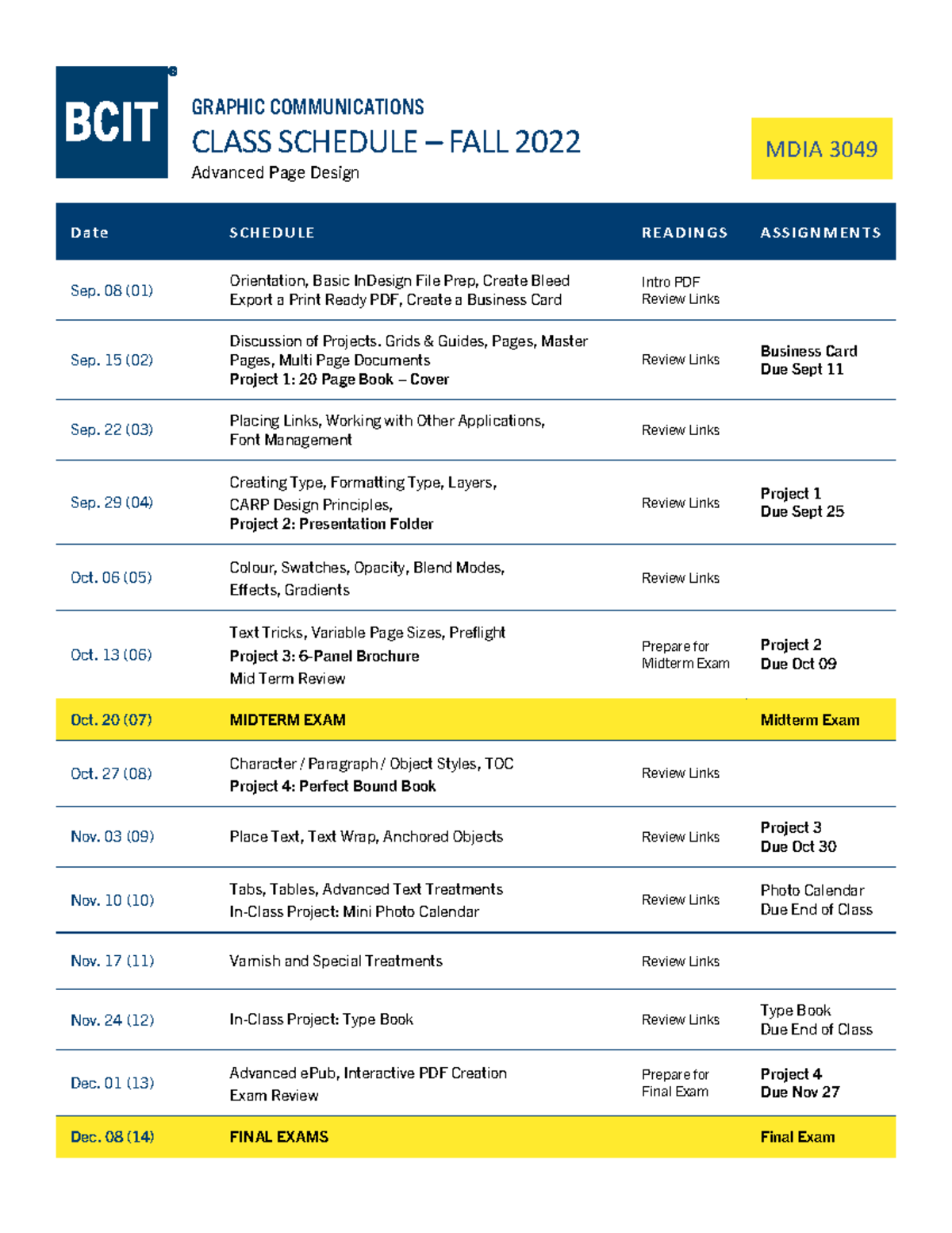 MDIA-3049 Class Sched 2022 - GRAPHIC COMMUNICATIONS CLASS SCHEDULE 3 ...