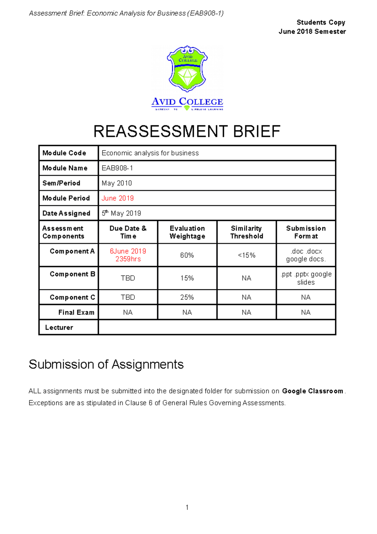 Money and banking_Exam May 2019 Students Copy June 2018 Semester REASSESSMENT BRIEF Module
