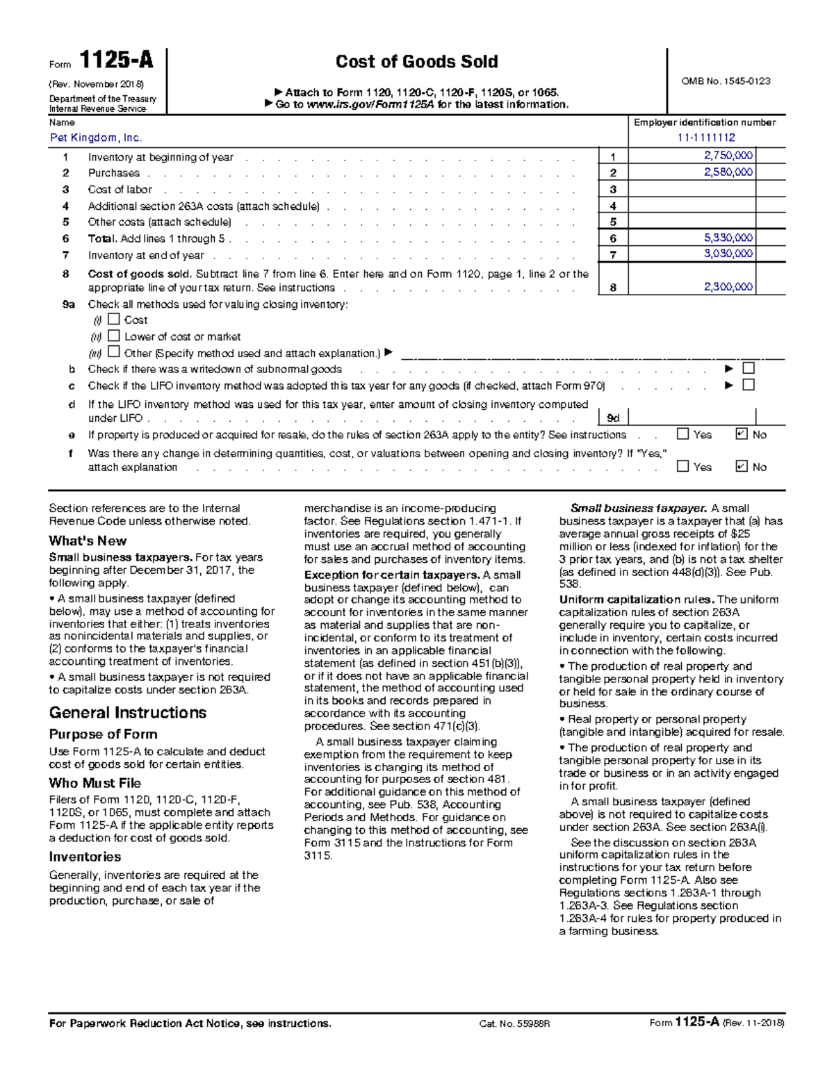 ACCT 441 Pet Kingdom Inc Form 1125A - Form 1125-A (Rev. November 2018 ...