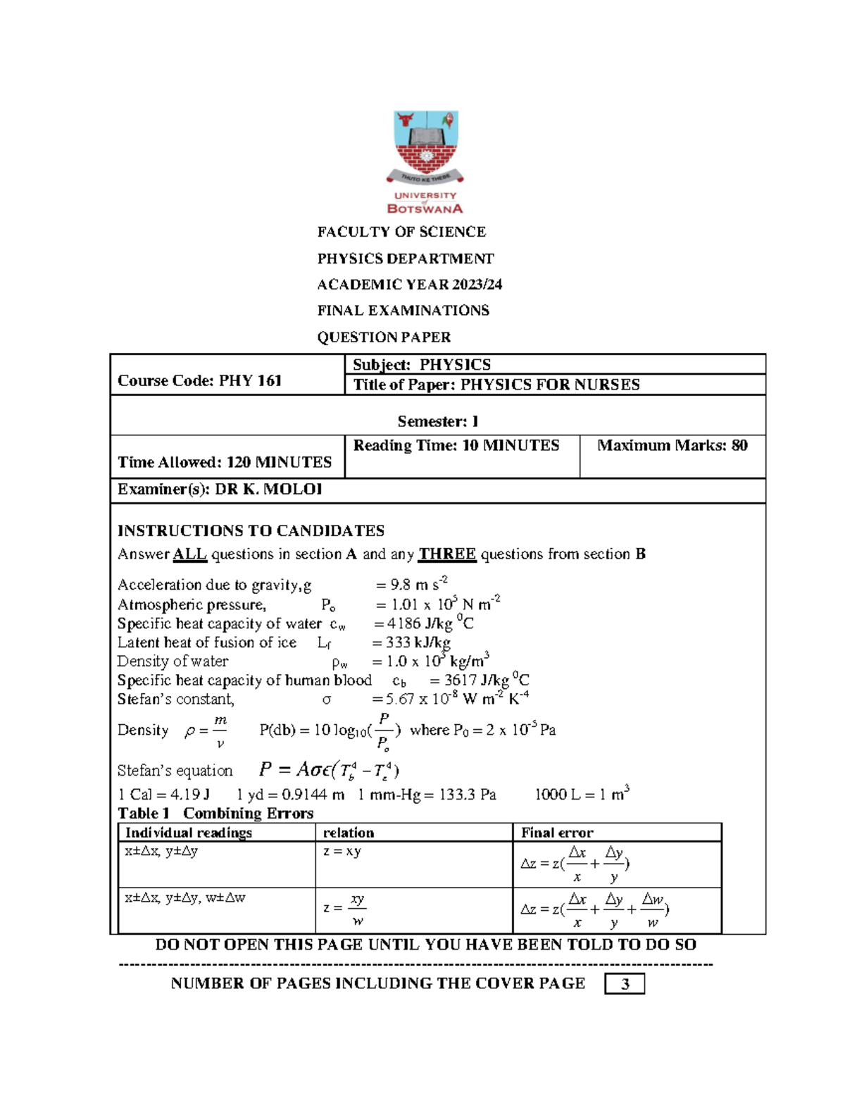 PHY 161 2023 2024 EXAM - ITS JUST A REVISION MATERIAL - FACULTY OF ...