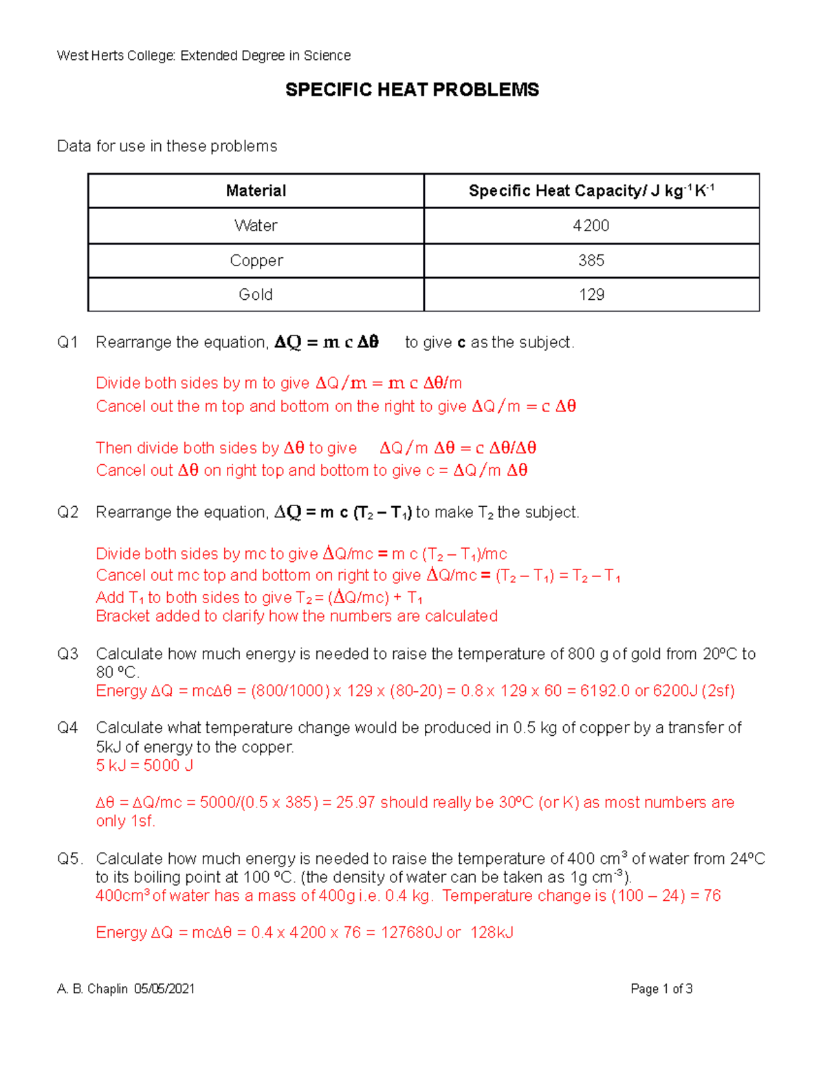Energy Problems 1 Answers - West Herts College: Extended Degree in ...