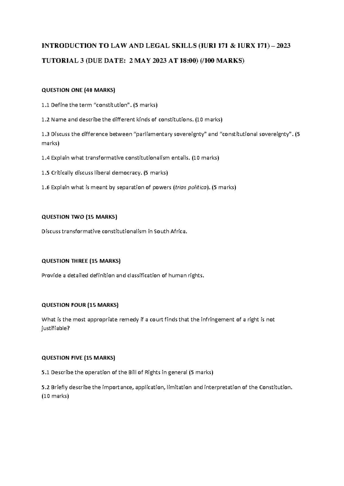 Tutorial 3 - Practice questions - INTRODUCTION TO LAW AND LEGAL SKILLS ...