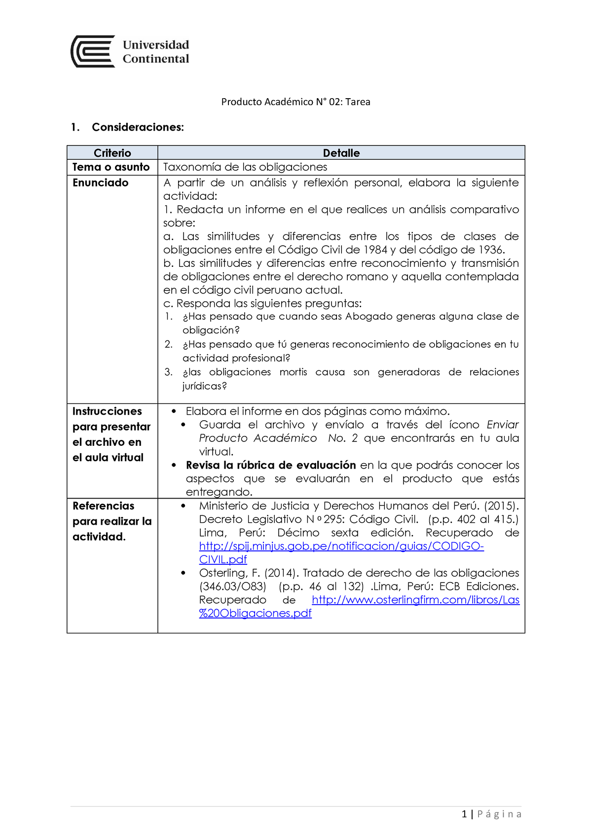 PA2 Tarea Unidad 2 - Producto Académico N° 02: Tarea 1. Consideraciones ...