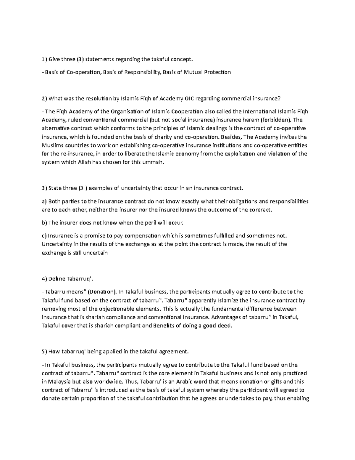 Tutorial Chapter 3 and 4 - introduction to takaful - UiTM - Studocu