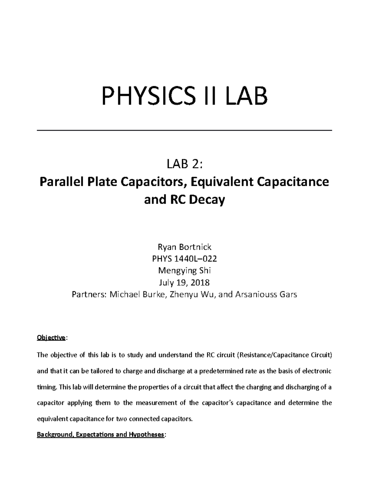 Lab Report 2 - This is the second lab for General Physics II. - PHYSICS ...
