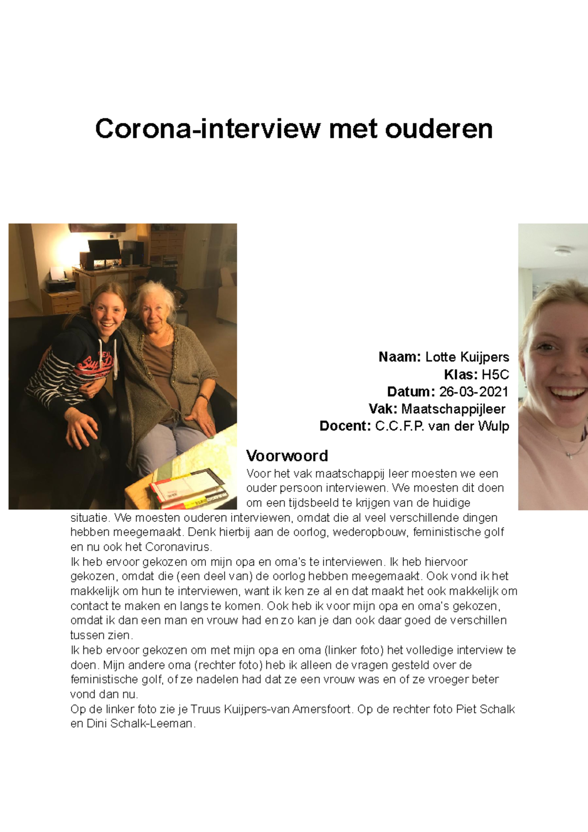 Maatschapppijleer verslag - Corona-interview met ouderen Naam: Lotte ...