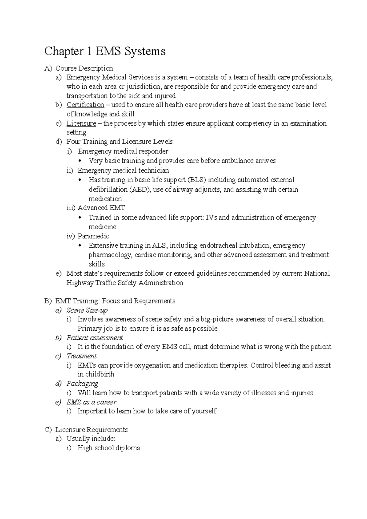 Notes On Ch.1,2,3, 4 - Chapter 1 EMS Systems A) Course Description A ...