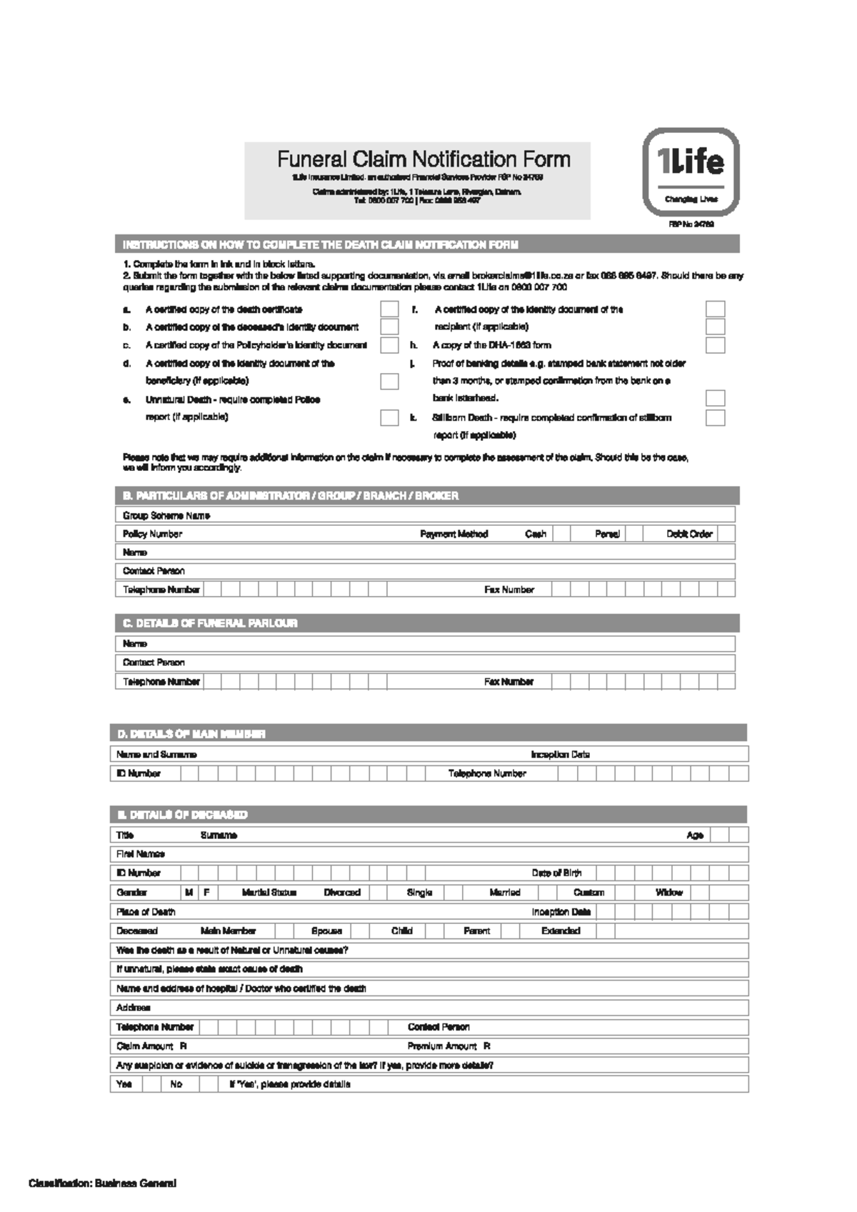 1LIFE Claim Forms - Document for filling - Funeral Claim Notification ...