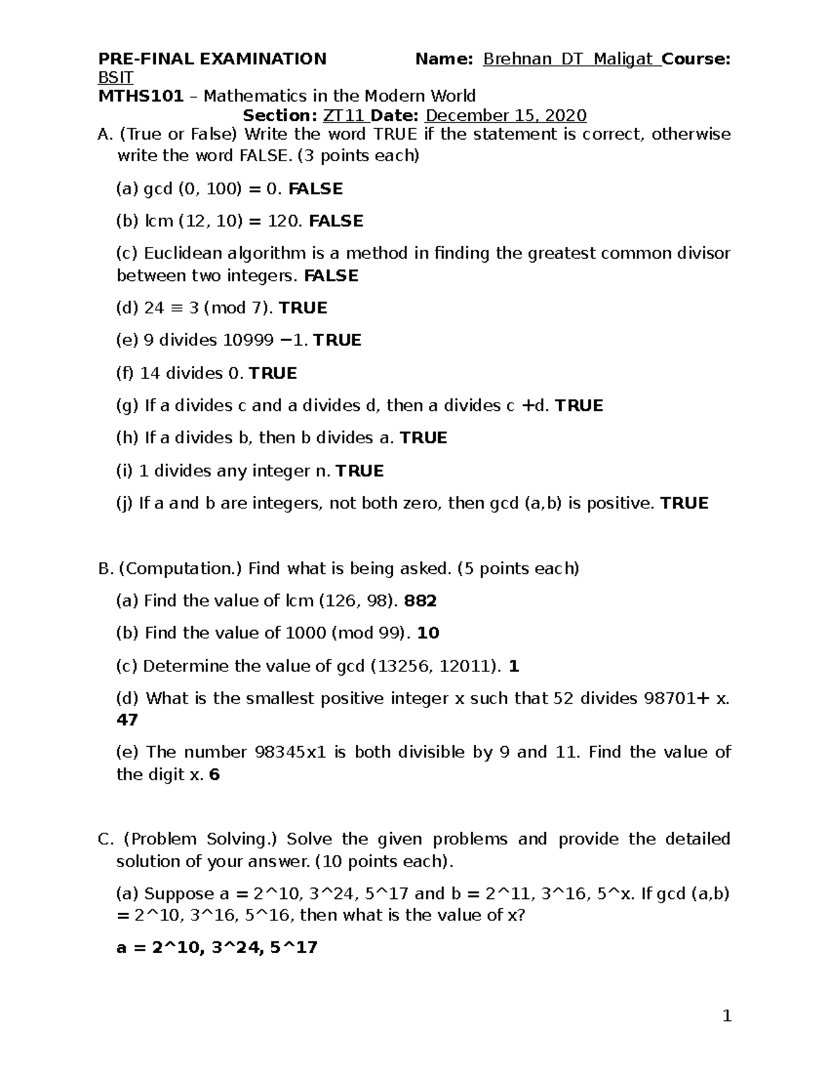 Maligat Prefinal MWW - PRE-FINAL EXAMINATION Name: Brehnan DT Maligat ...