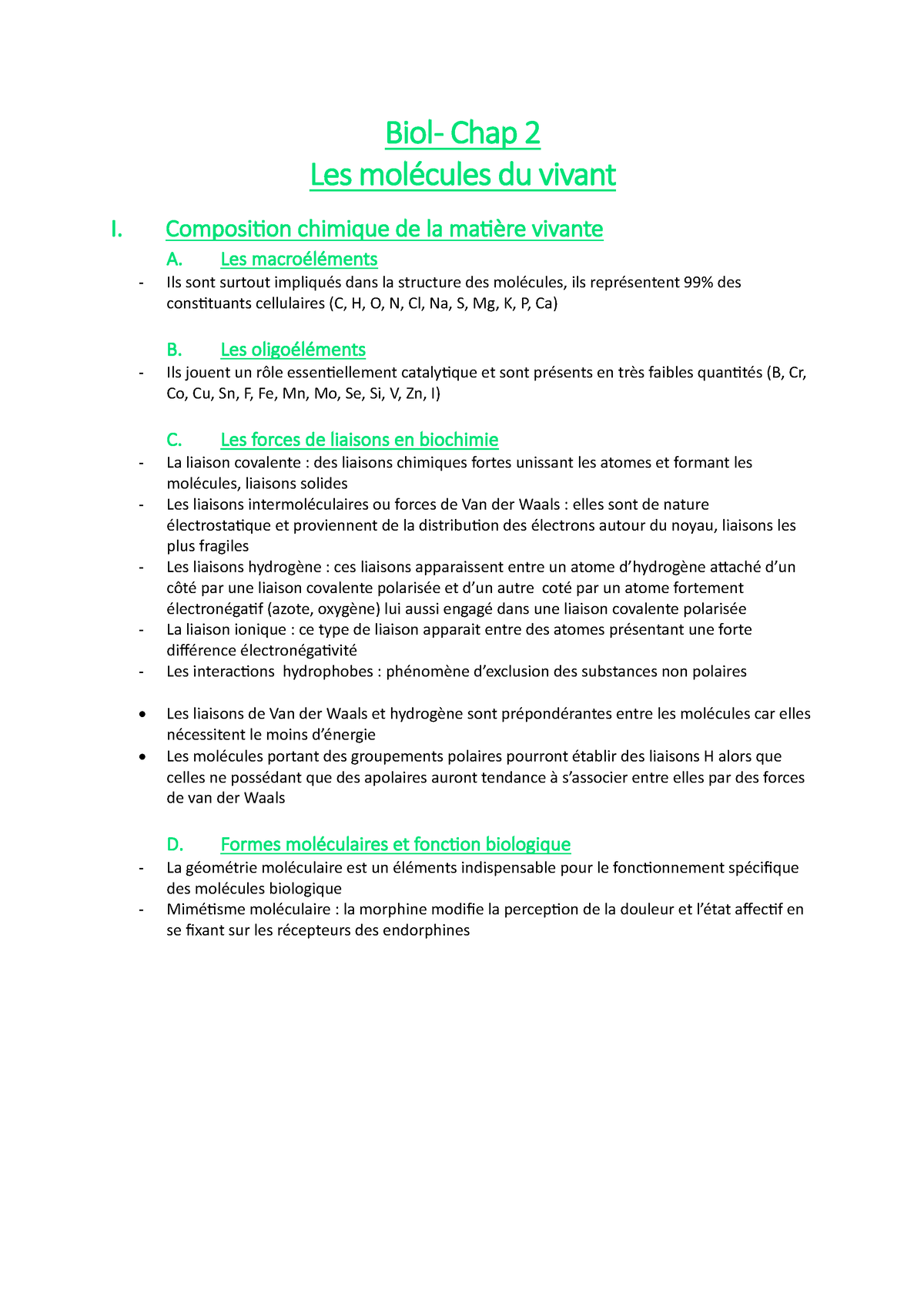 KINE - Biol - Chap 2 Les Molecules Du Vivant - Biol- Chap 2 Les ...