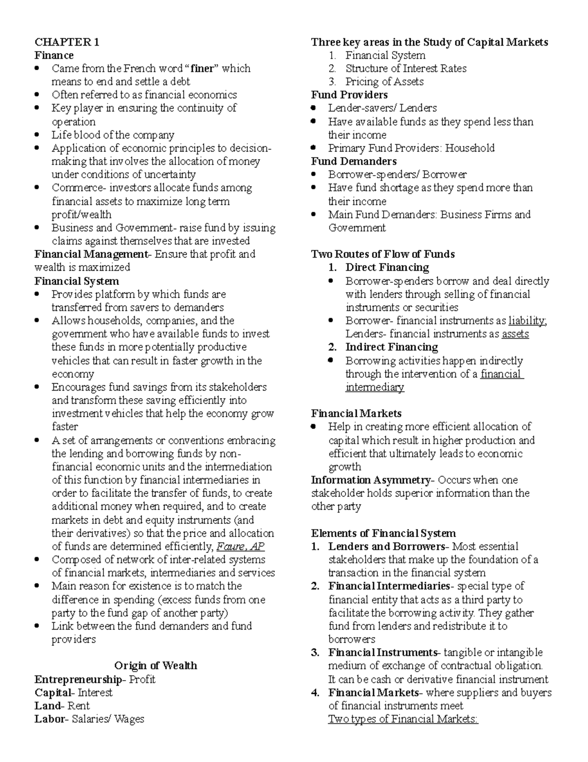 Financial Market - Lecture notes 1 - CHAPTER 1 Finance Came from the ...