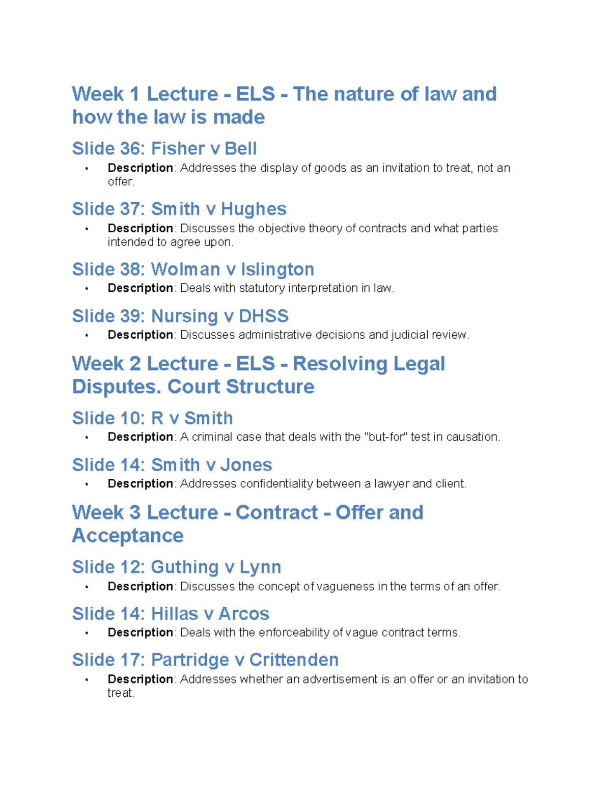 ALL Cases - to of the best - Week 1 Lecture - ELS - The nature of law ...
