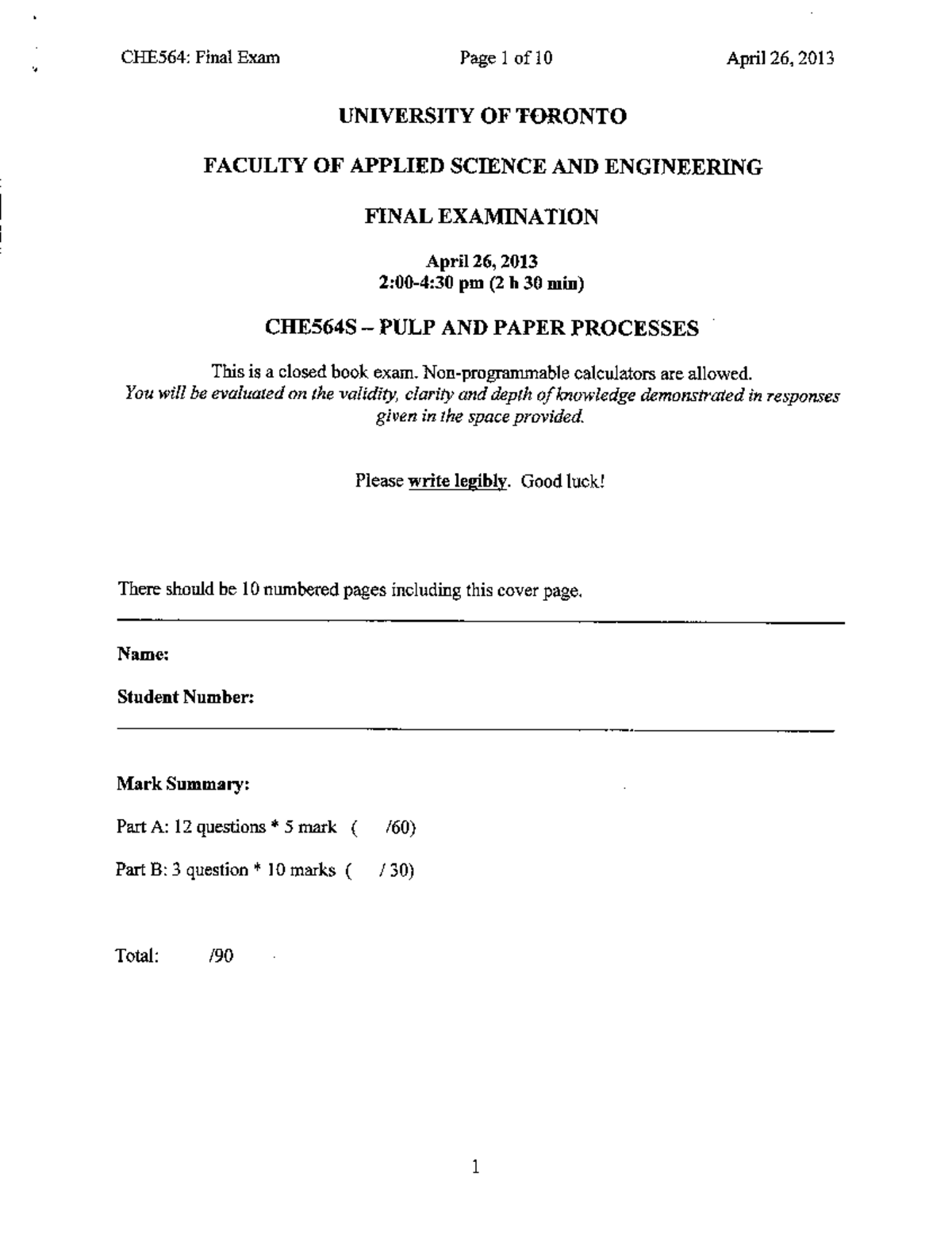 CHE564S 2013 PULP AND Paper Processes - CHE564H1 - U of T - Studocu