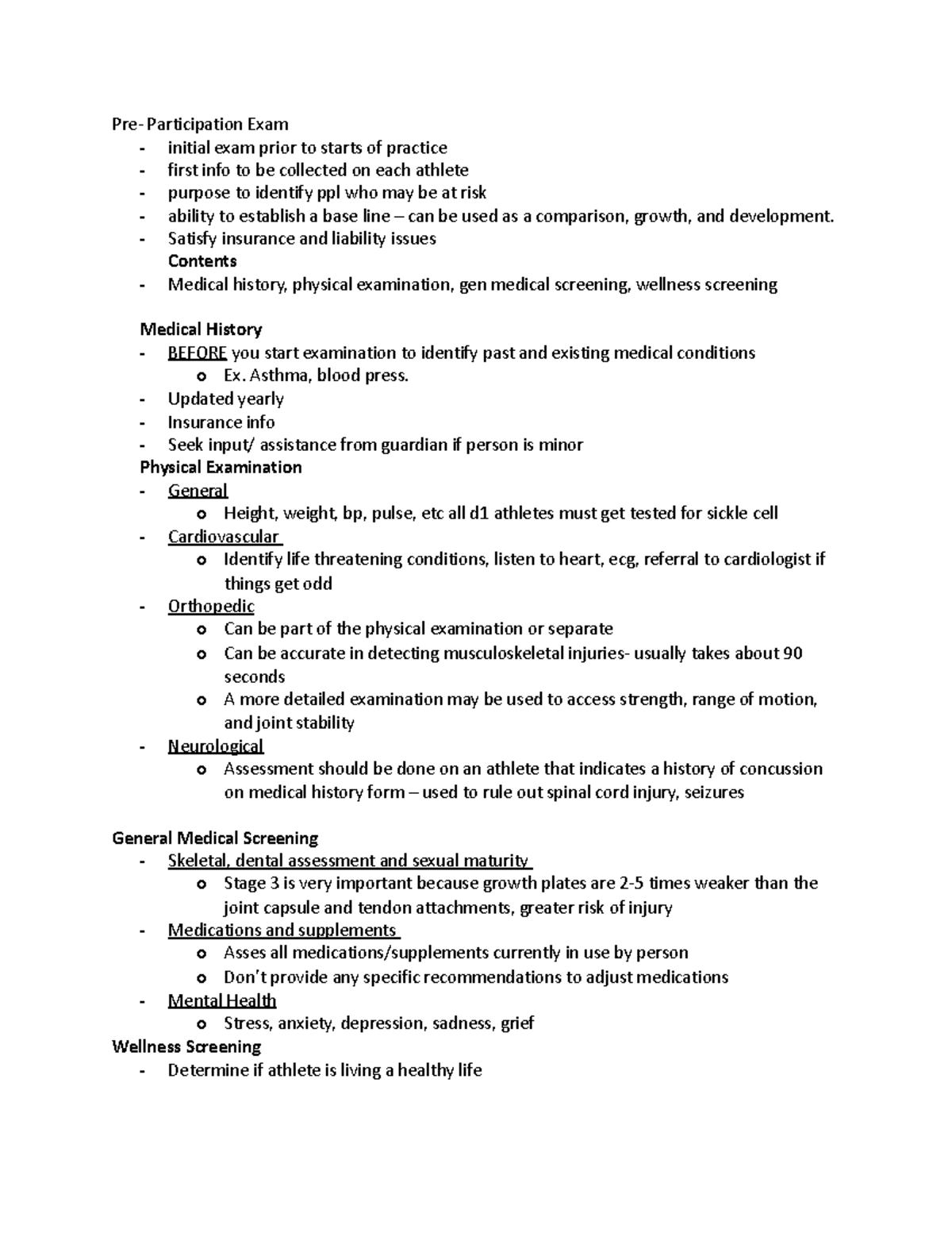 Chapter 2 Notes - Pre- Participation Exam - initial exam prior to ...