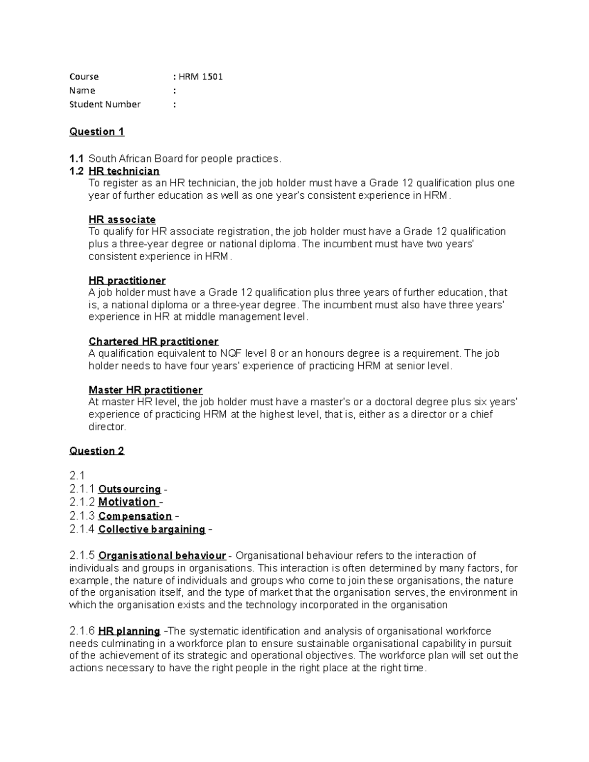 HRM 1501 Assignment 3 - Course : HRM 1501 Name : Student Number ...