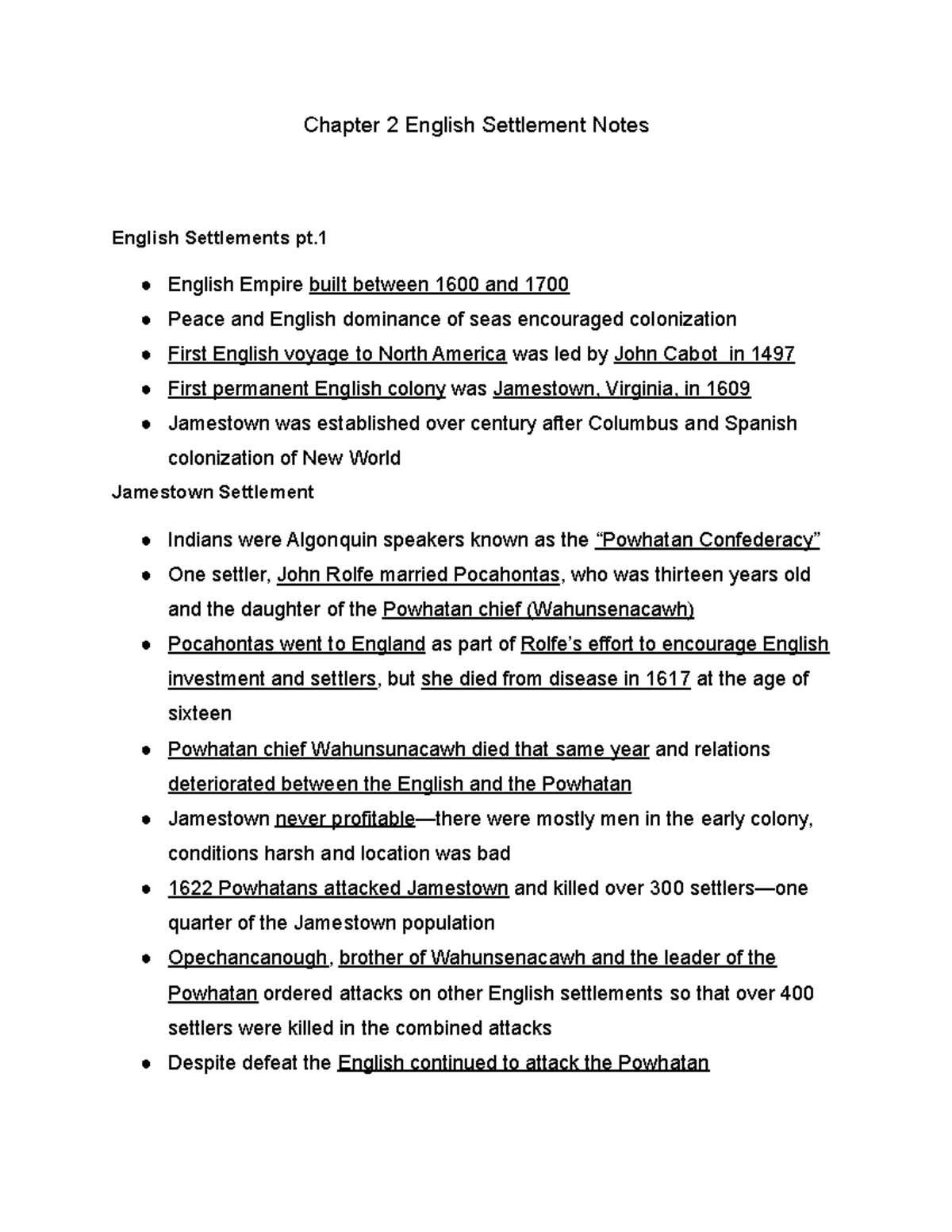 Chapter 2 English Settlements - Chapter 2 English Settlement Notes ...