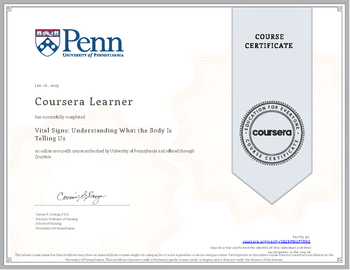 Coursera V8Z9PM3P7RNE - J a n 1 6 , 2 02 3 C oursera L ea rn er Vital ...