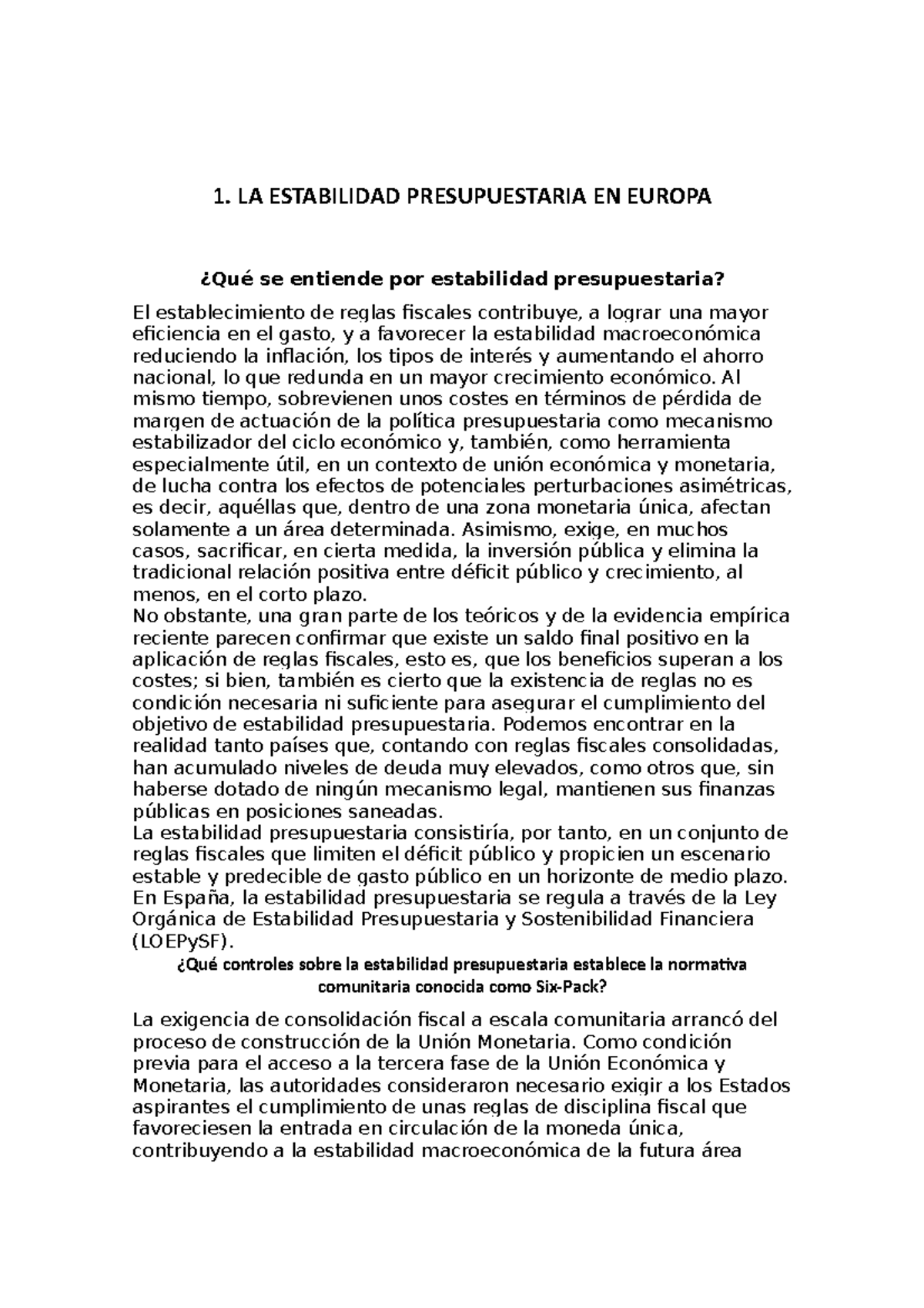 1. La estabilidad presupuestaria en europa 1. LA ESTABILIDAD