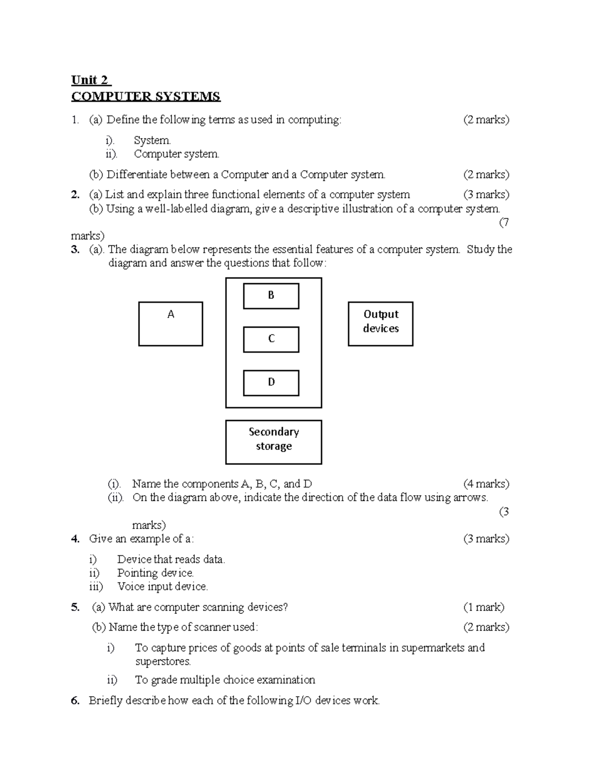 Computer Systems Form 1 - Unit 2 COMPUTER SYSTEMS (a) Define the ...