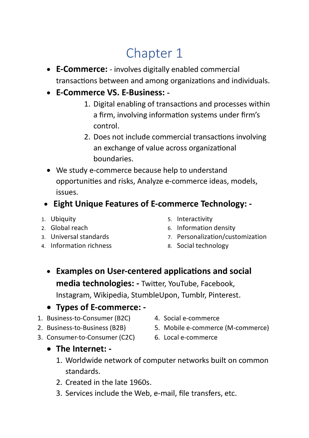 Chapter 1 - Chapter 1 • E-Commerce: - Involves Digitally Enabled ...