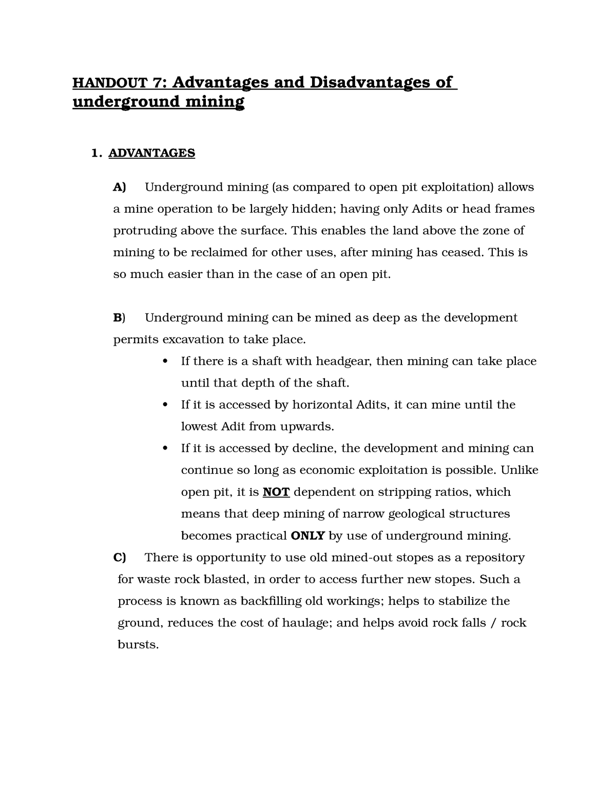 Handout 7. Advantages and Disadvantages of underground ...