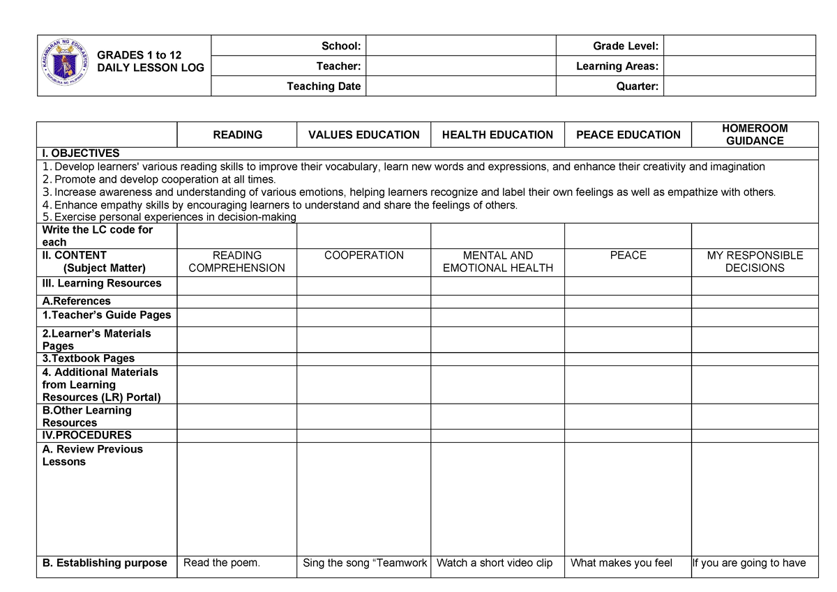 Sample DLL Catch-UP Friday - GRADES 1 to 12 DAILY LESSON LOG School ...