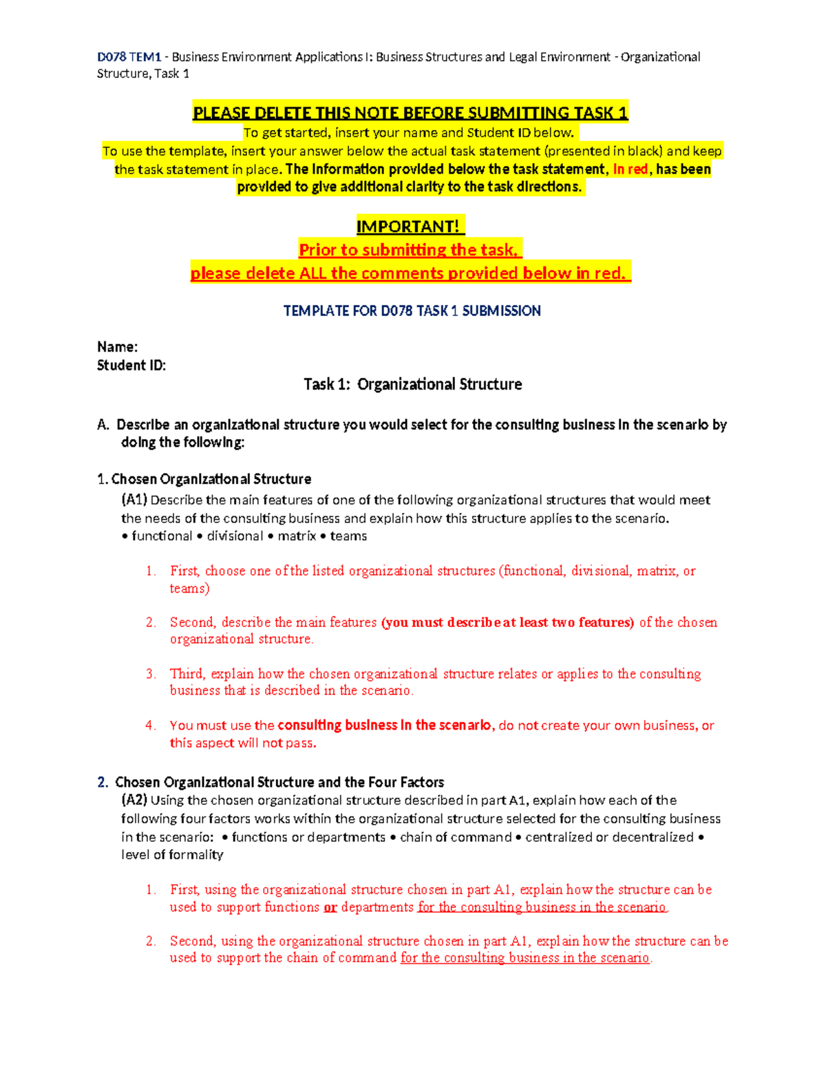 D078 - Task 1 Template - Copy - D078 TEM1 - Business Environment ...