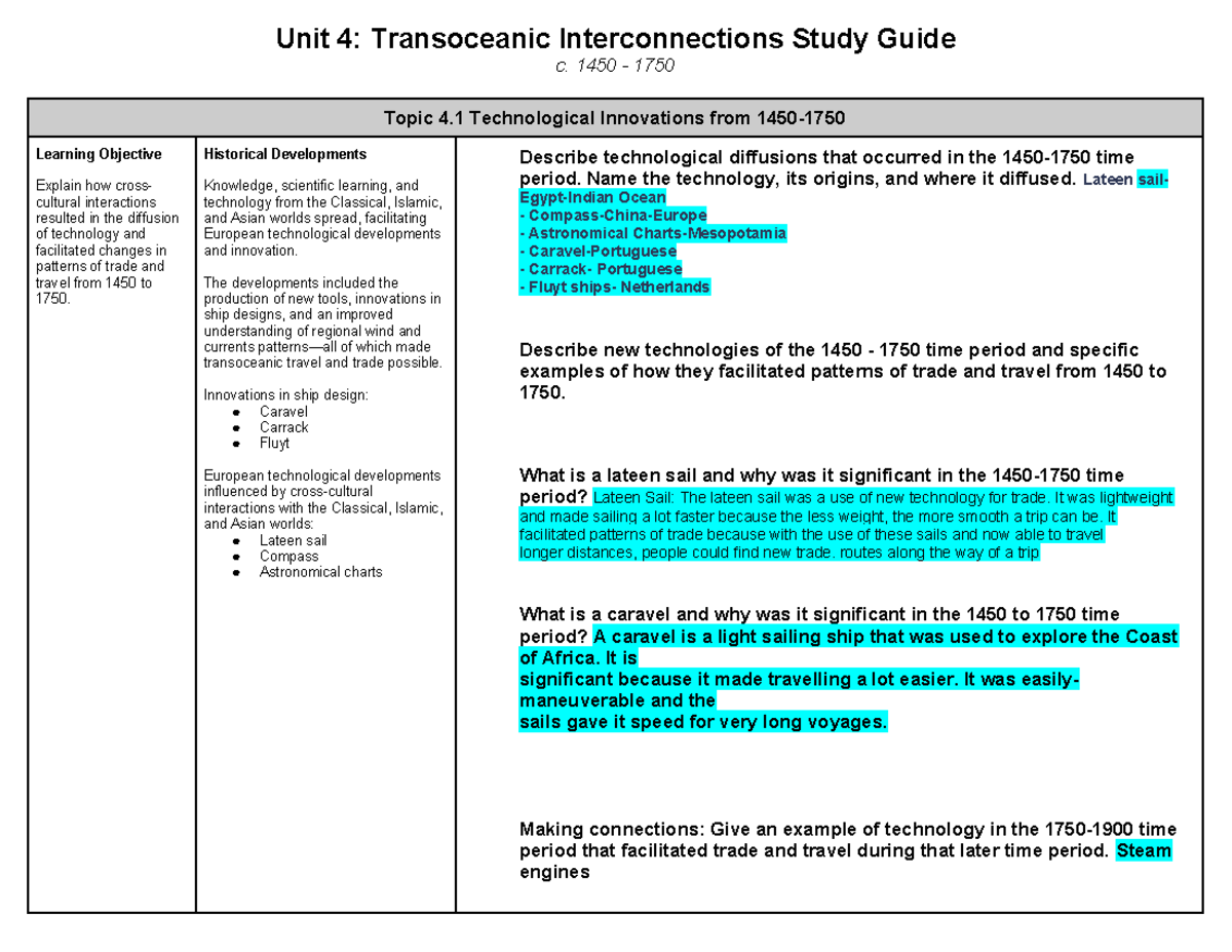 - AP World History Unit 4 Study Guide - Unit 4: Transoceanic ...