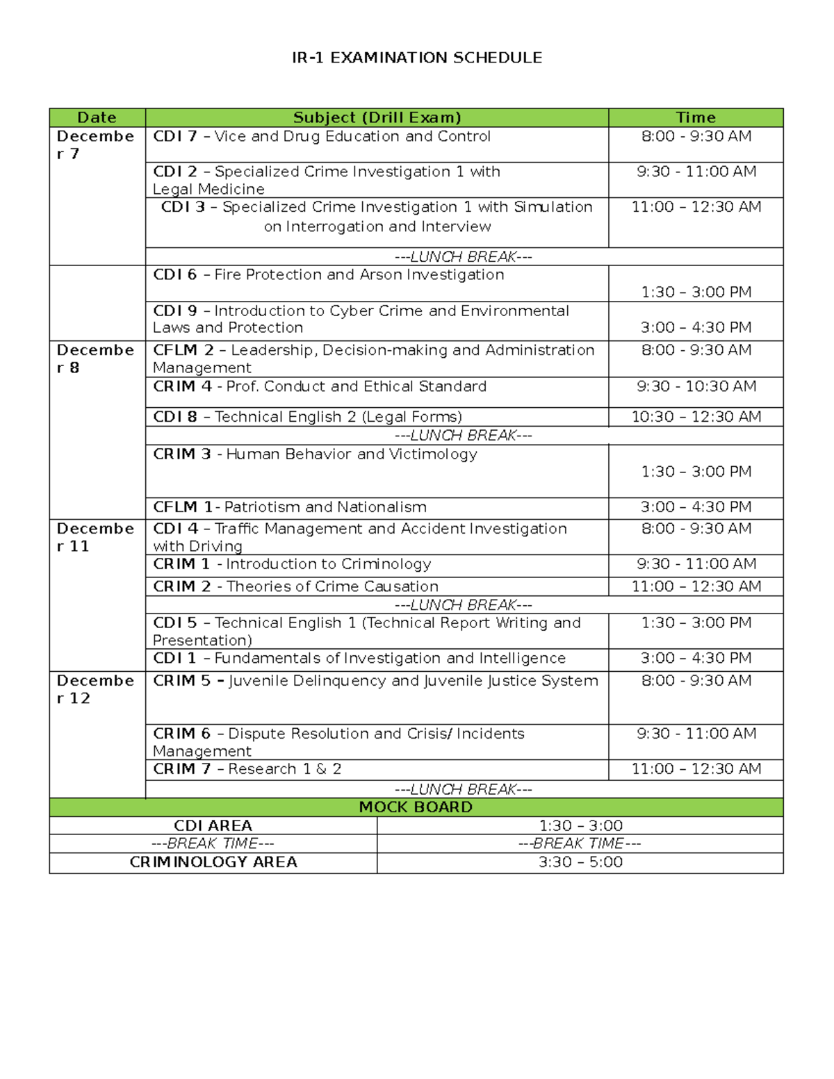 IR-1 Exam Schedule - IR-1 EXAMINATION SCHEDULE Date Subject (Drill Exam ...
