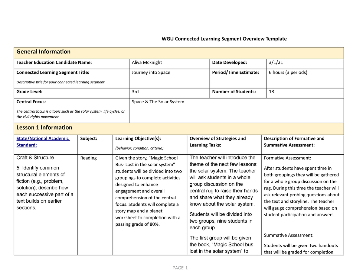 WGU Connected Learning Segment Overview Template Space & The Solar