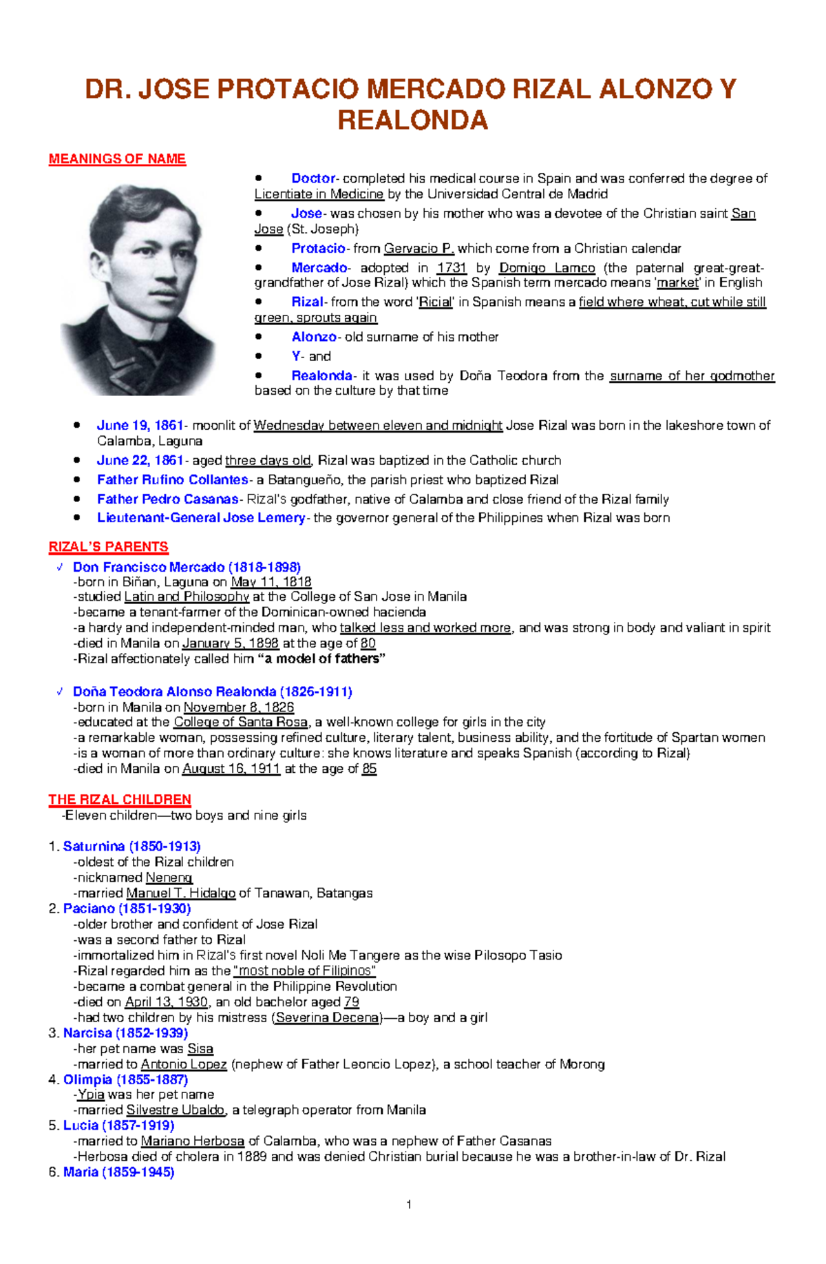 Rizal-reviewer - RIZAL - 1 DR. JOSE PROTACIO MERCADO RIZAL ALONZO Y ...