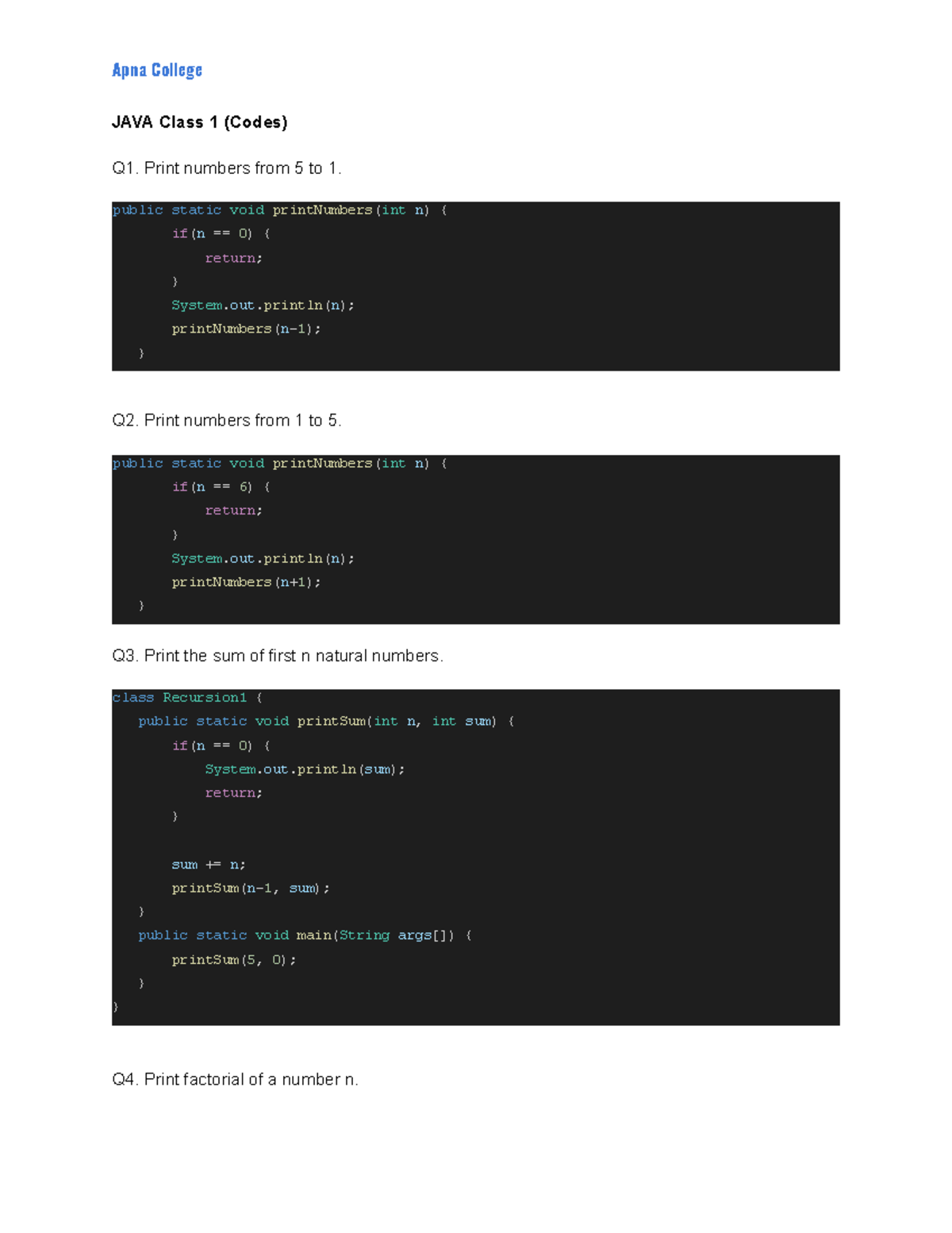 Java Class 1 || It is notes of questions on recursion. Quite good ...