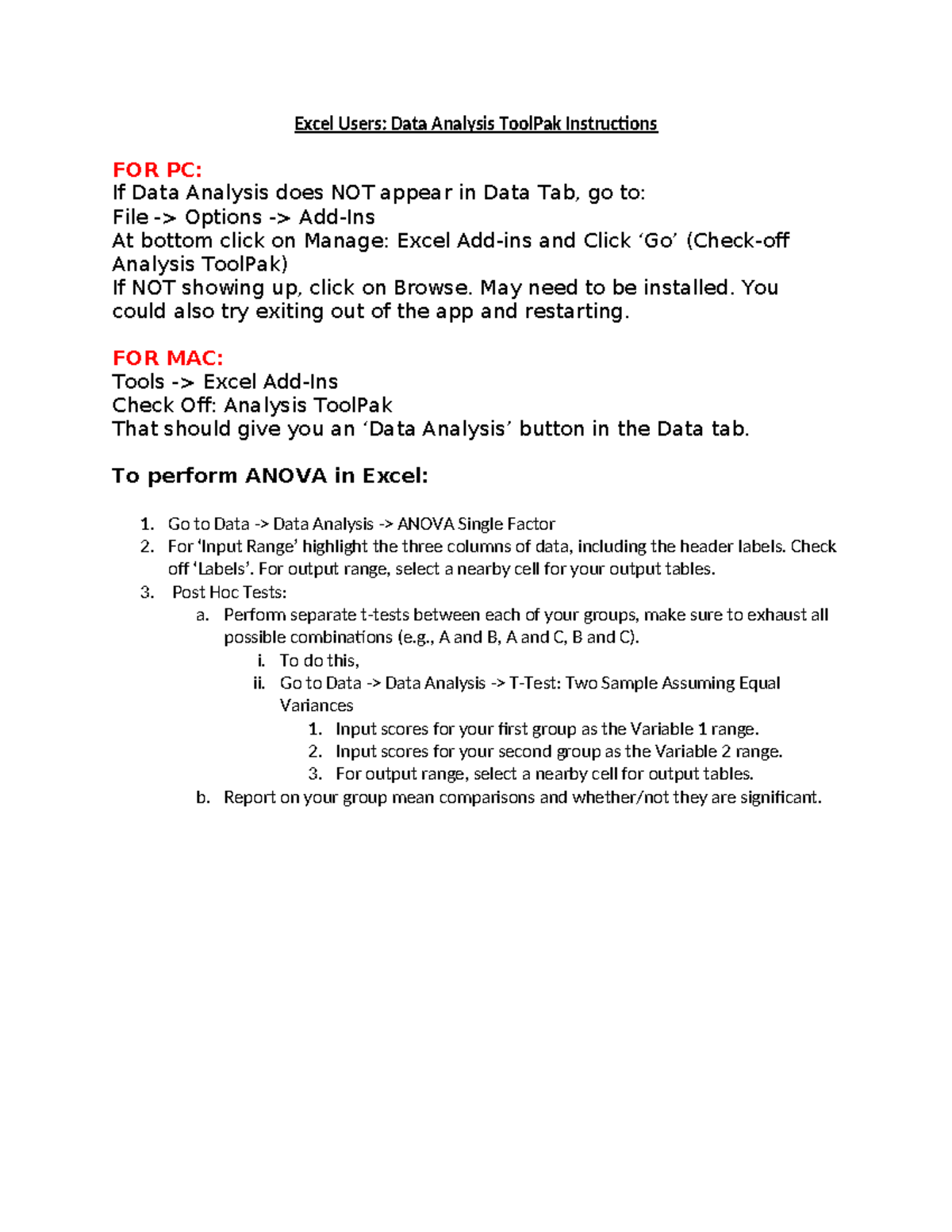 320 Lab 8 Instructions - Excel Users: Data Analysis ToolPak ...
