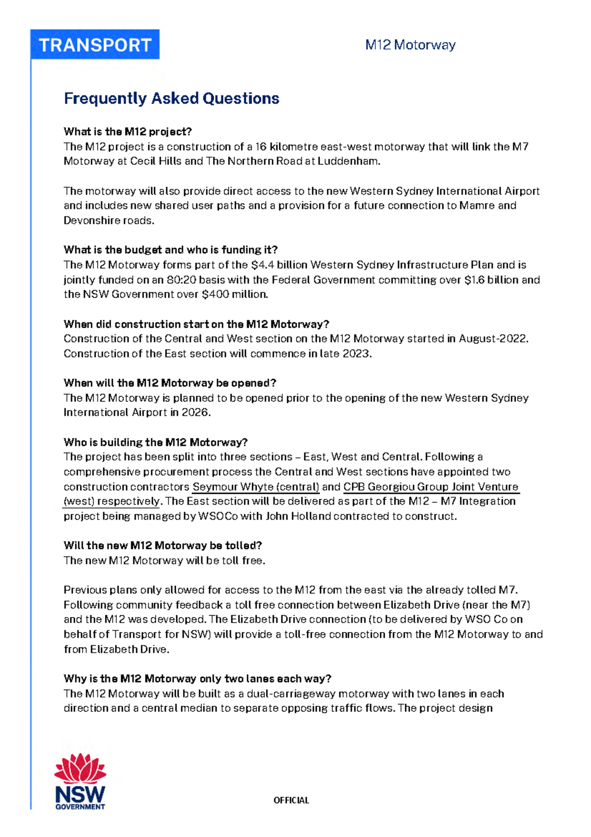 M12 Motorway Frequently Asked Questions June 2023 - OFFICIAL Frequently ...