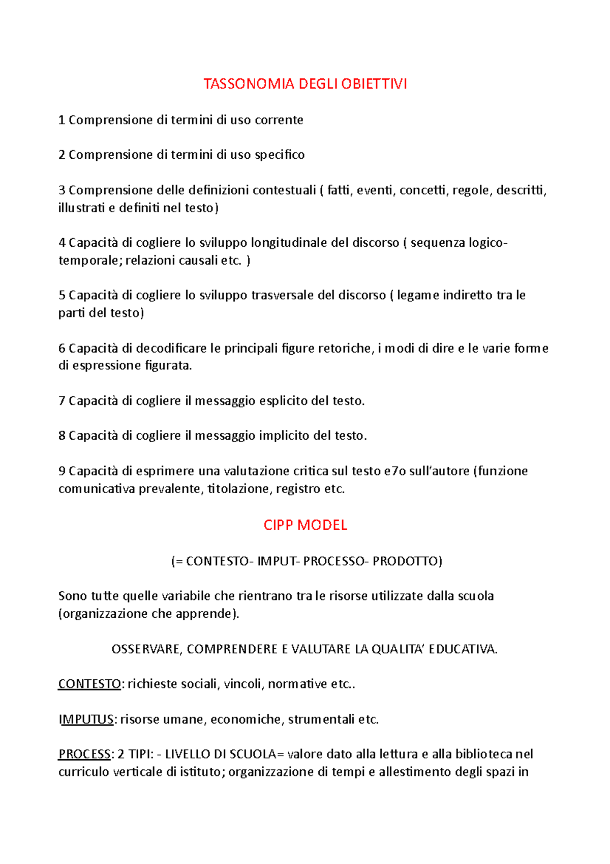 Tassonomia Degli Obiettivi TASSONOMIA DEGLI OBIETTIVI 1 Comprensione