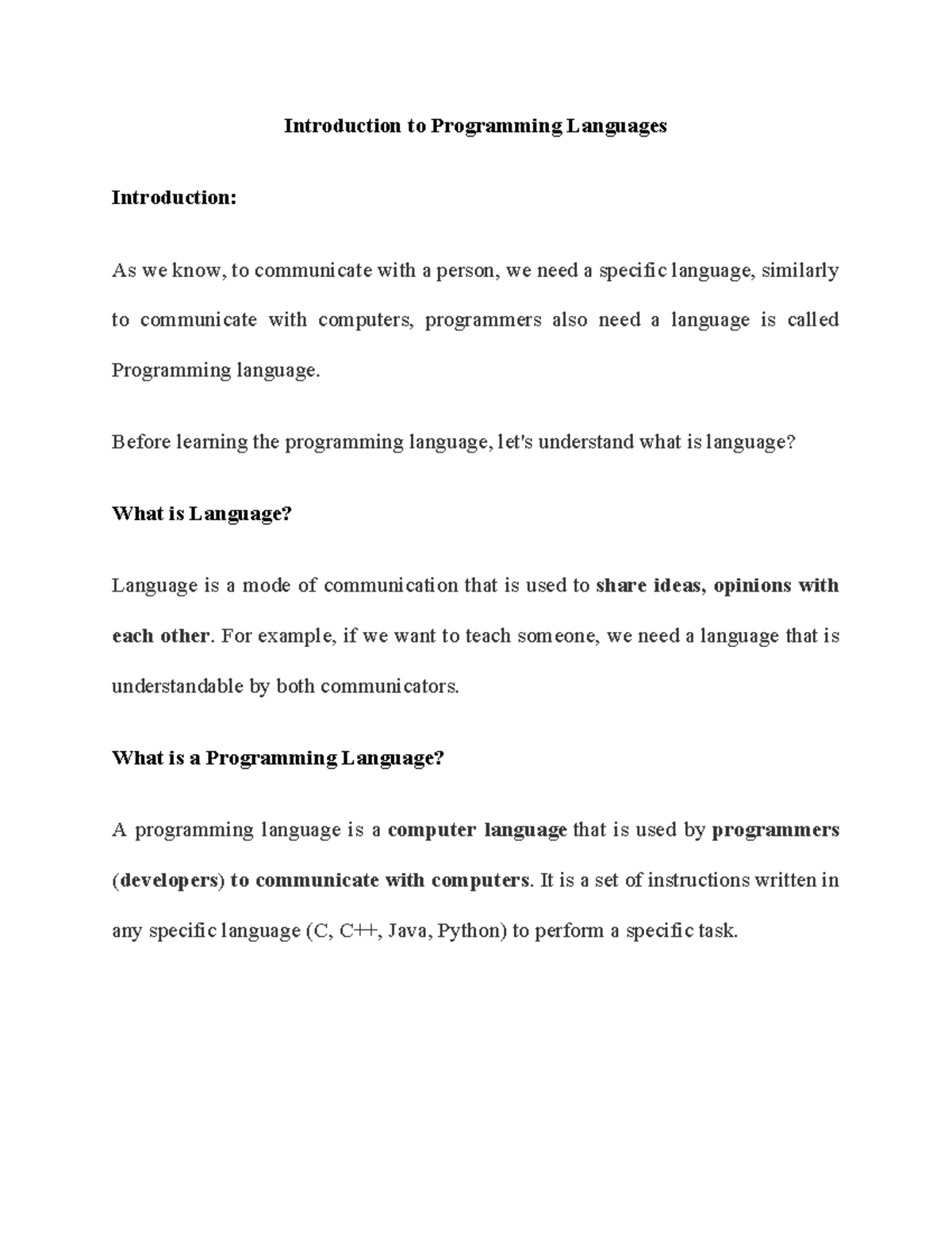 Introduction to Programming Languages - Introduction to Programming ...