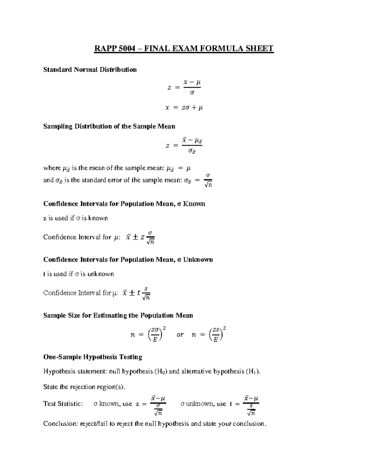 RAPP 5004 Final Exam Formula Sheet - RAPP 5004 – FINAL EXAM FORMULA ...