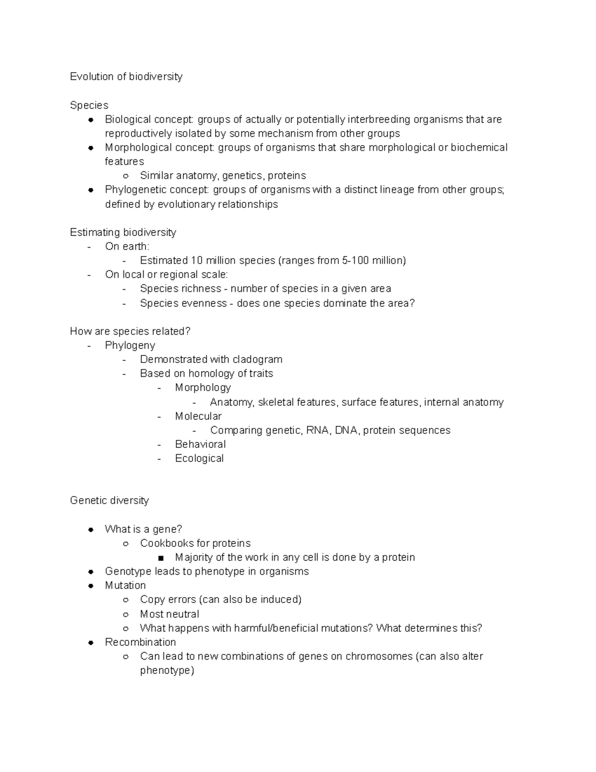 Studoc envr lecture notes - Evolution of biodiversity Species ...