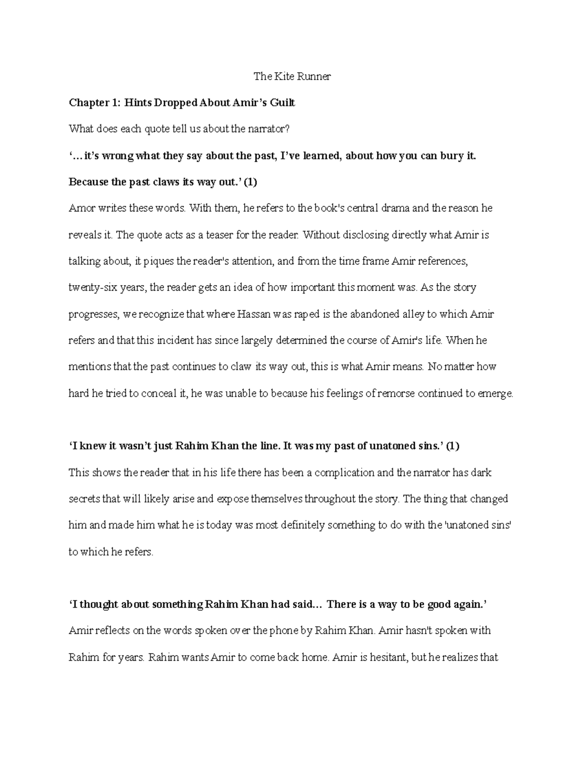 Chapter questions on Kite Runner The Kite Runner Chapter 1 Hints