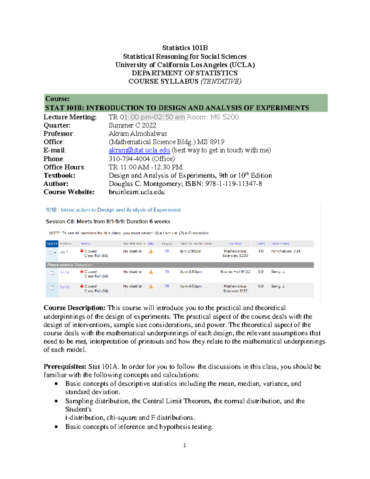 Syllabus for courses - Statistics 101B Statistical Reasoning for Social ...