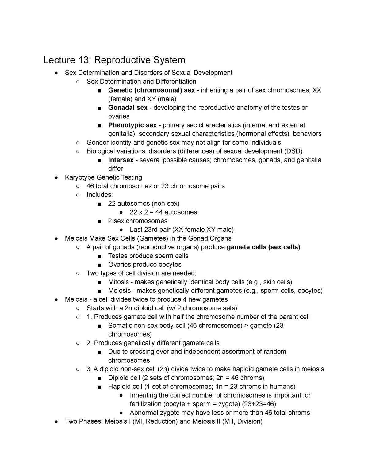 Bio Exam 3 Exam 3 Lecture 13 Reproductive System Sex Determination And Disorders Of Sexual