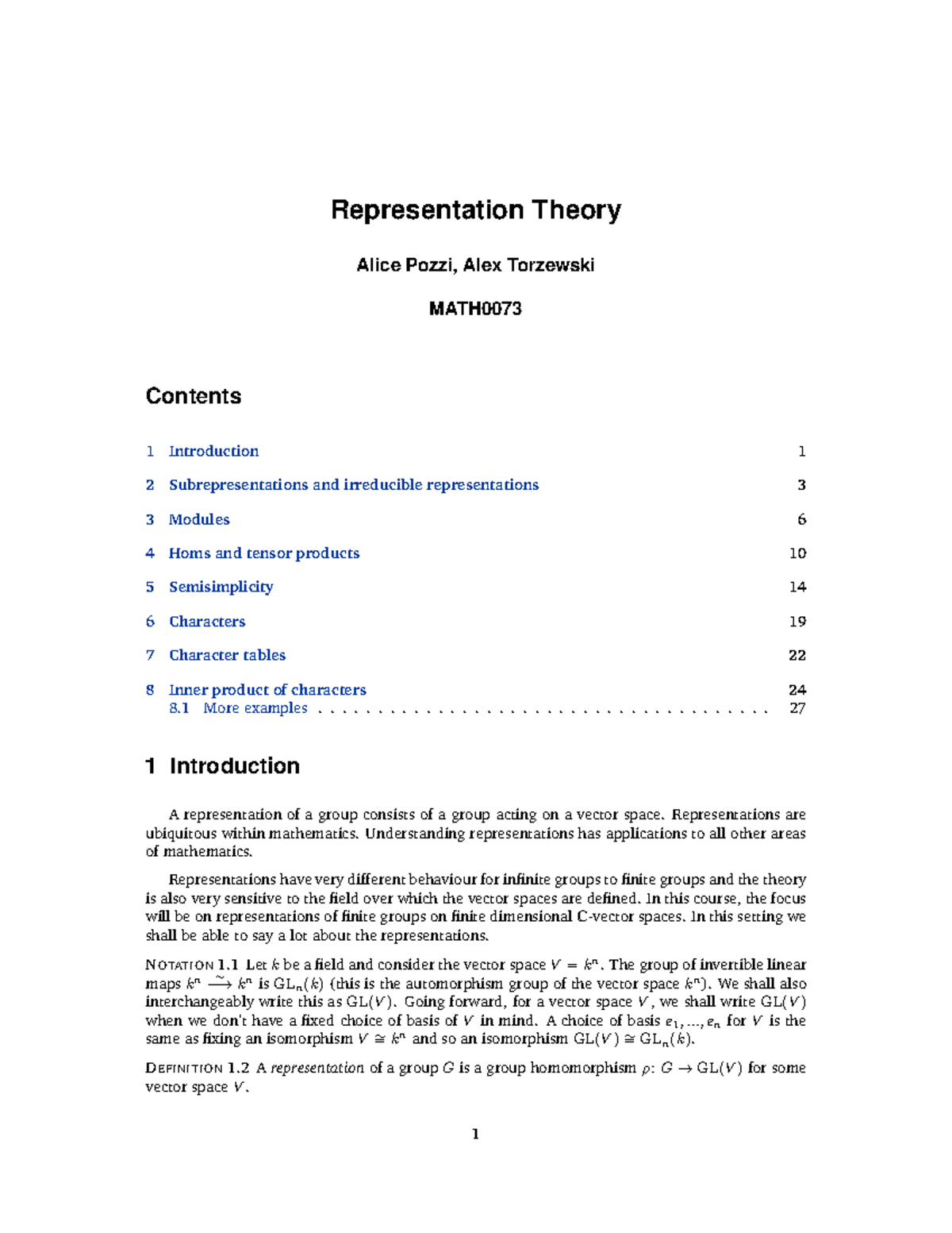 Representation Theory - Representation Theory Alice Pozzi, Alex ...
