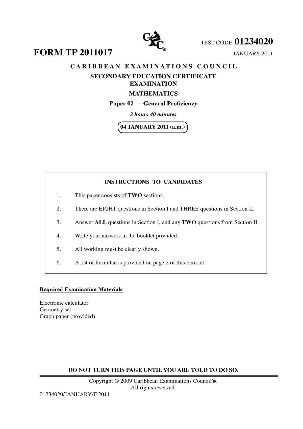 CSEC Mathematics January 2011 P2 - TEST CODE 01234020 FORM TP 2011017 ...