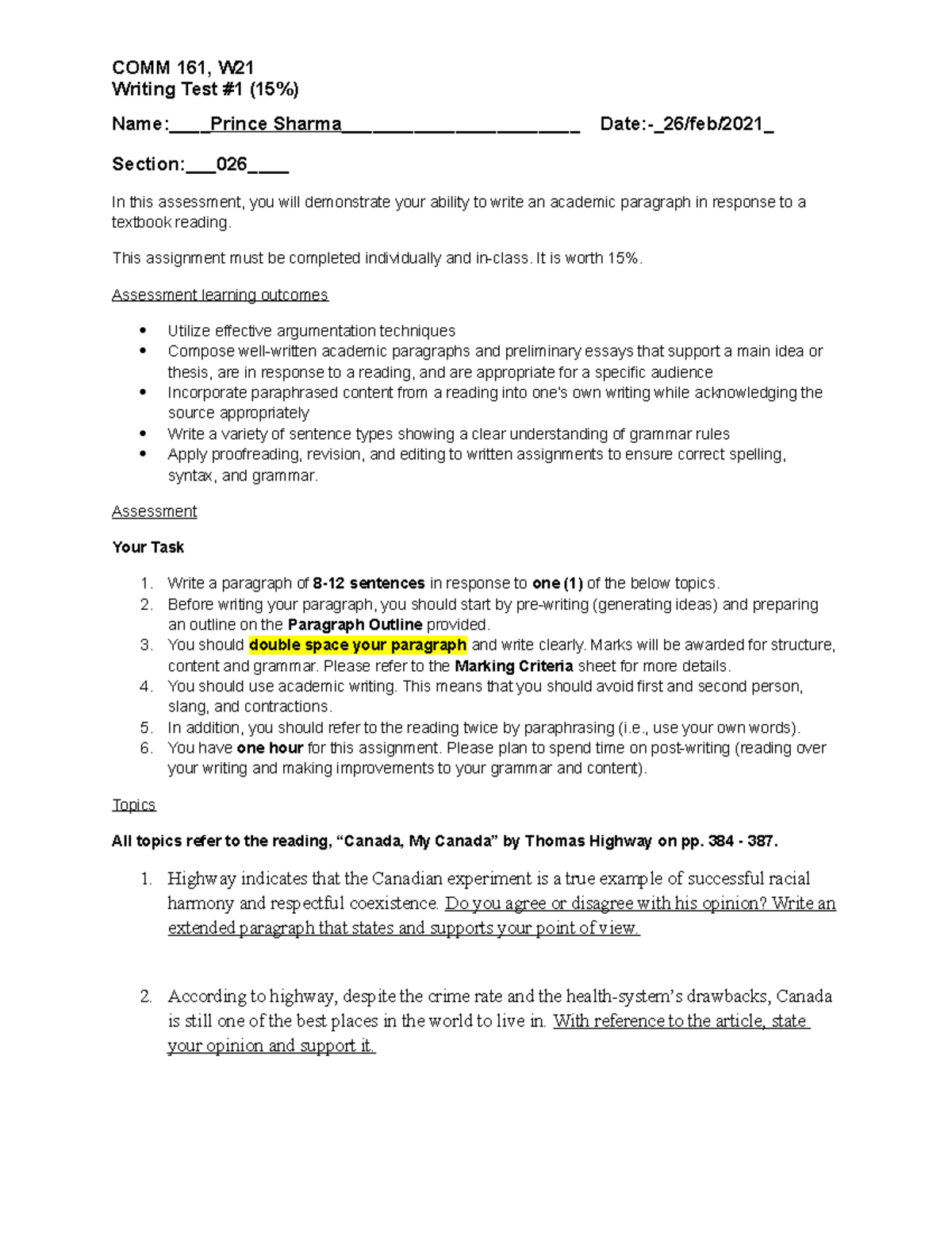 Prince Sharma Writing Test Writing Test 1 (15) NamePrince Sharma