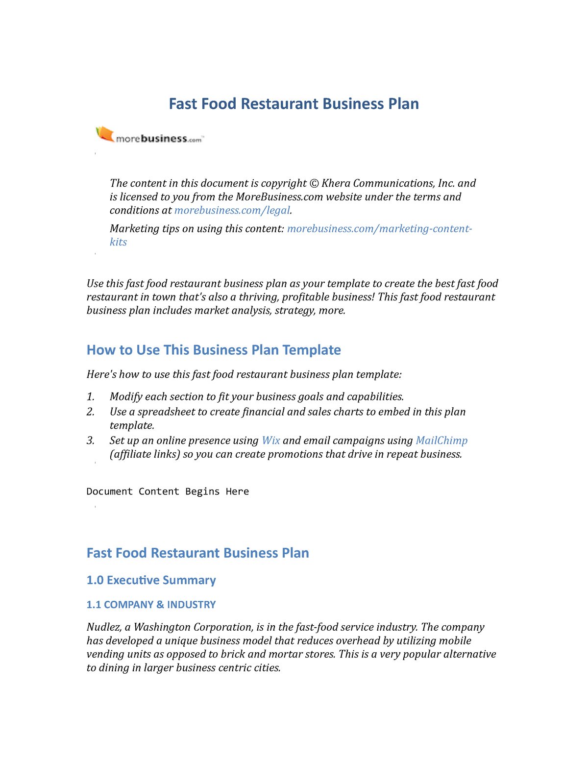 example of fast food restaurant business plan