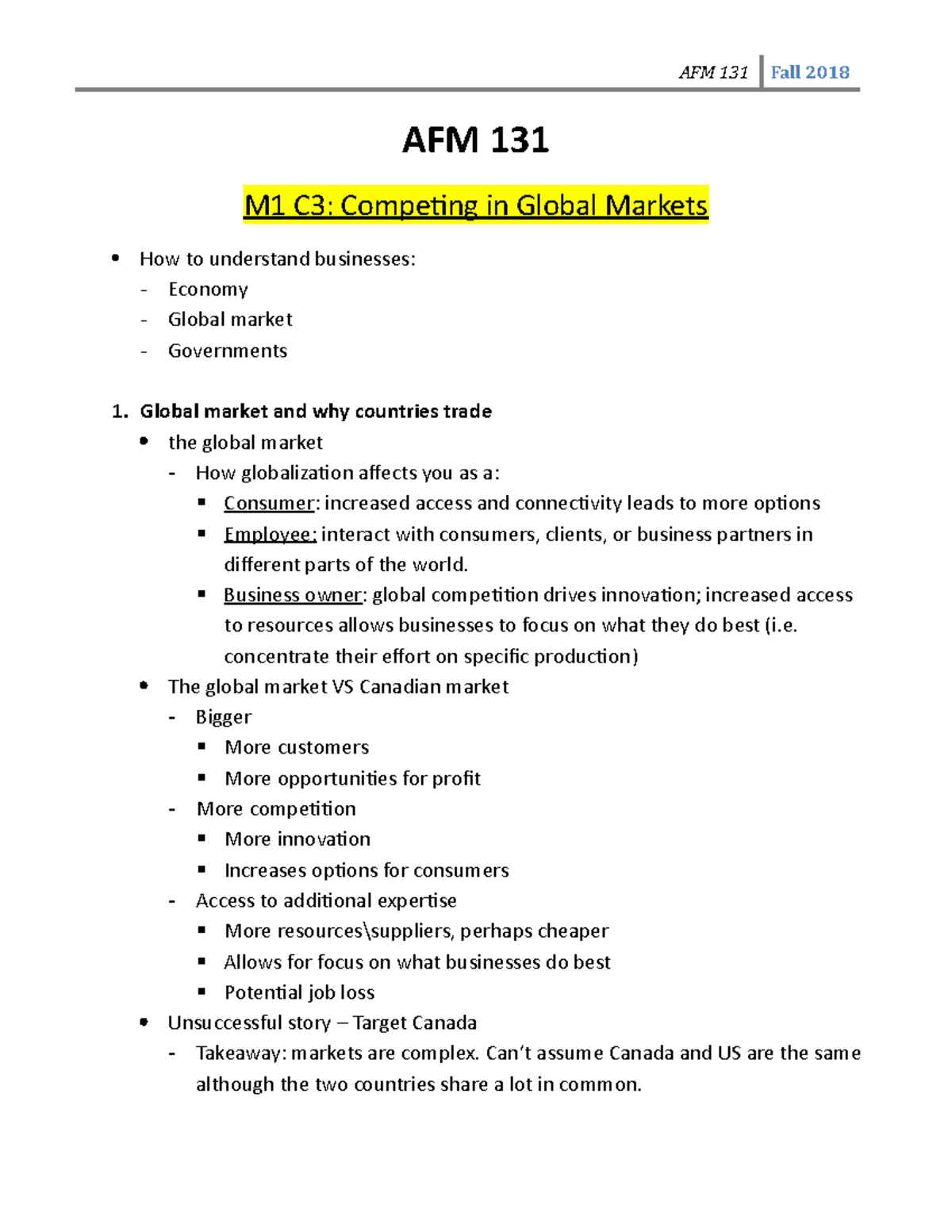 AFM 131 Typed Notes - AFM 131 Fall 2018 AFM 131 M1 C3: Competing In ...